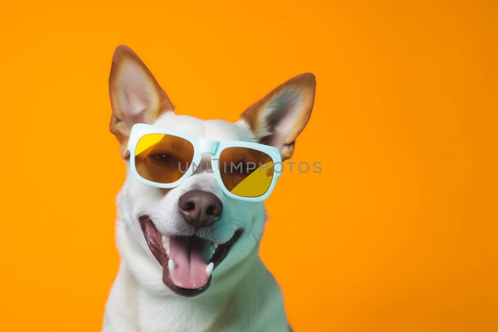 dog animal pet doggy cute fashion brown background yellow young copy portrait adorable orange sunglasses funny concept indoor trendy space smile isolated. Generative AI.