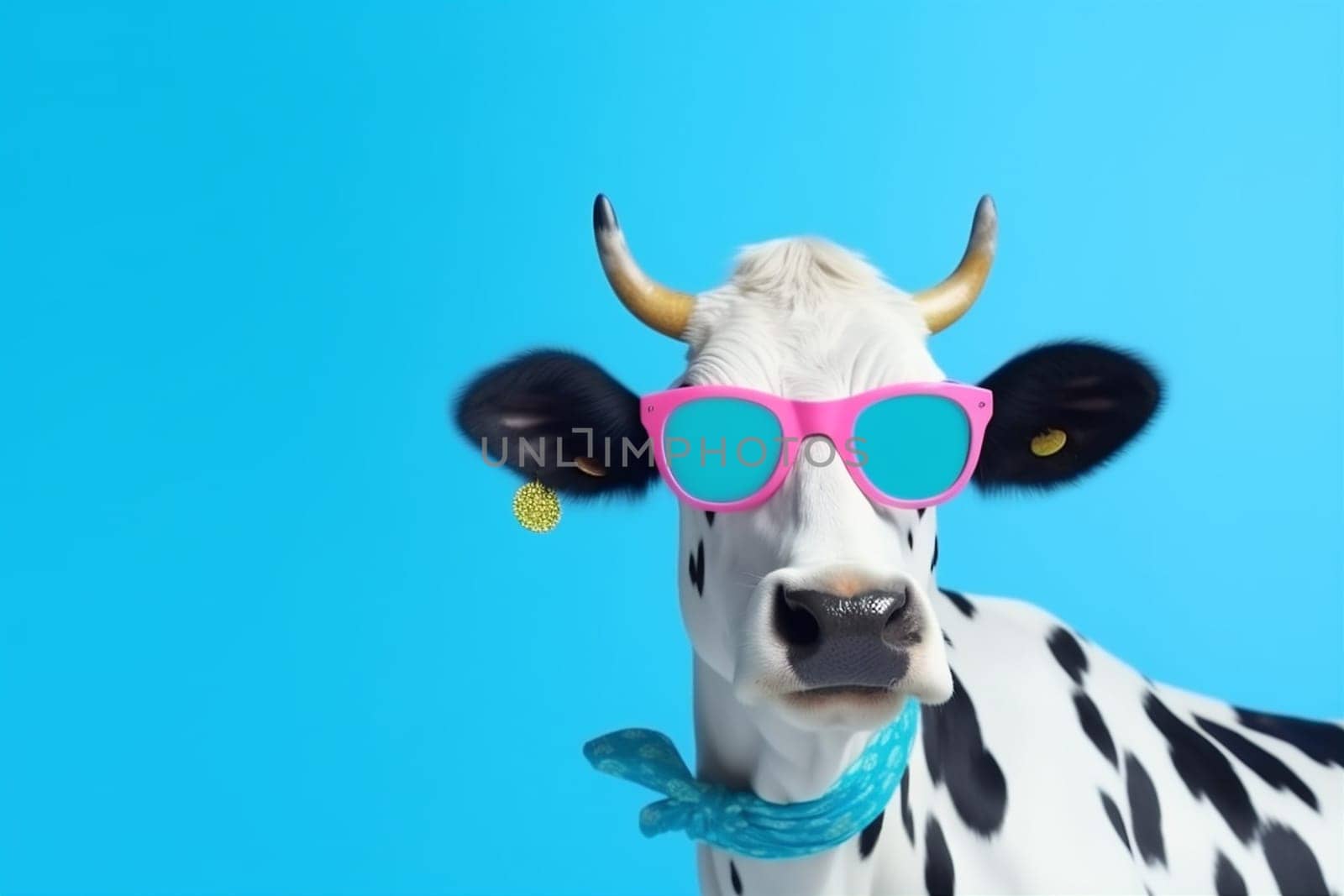 blue crazy cartoon funny ai fashion art eyeglass background space trendy sunglasses beautiful copy cattle fun head cow portrait smiling face animal. Generative AI.