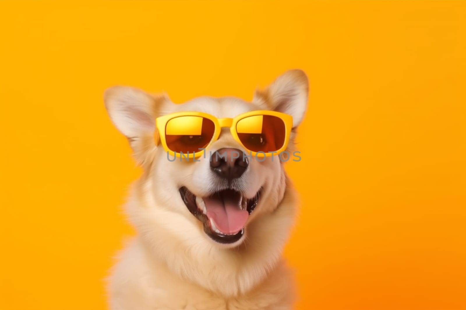 fashion dog smile isolated humor pink stylish background pet studio portrait red sunglasses funny adorable animal goggles birthday small party white cute. Generative AI.