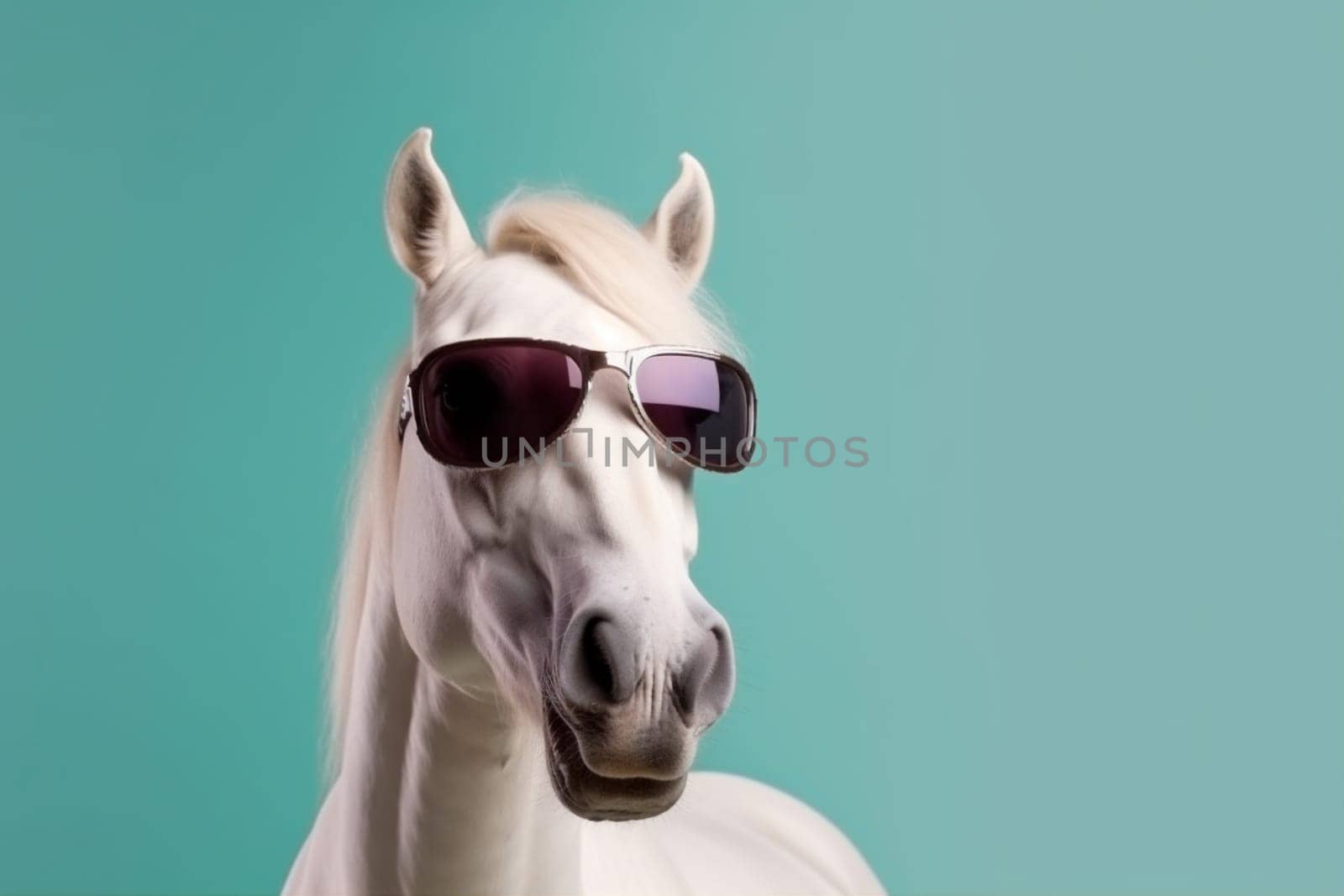 pink smile colourful concept horse fun portrait beauty funny animal background goggles banner wild isolated head advert model yellow dark sunglasses. Generative AI.