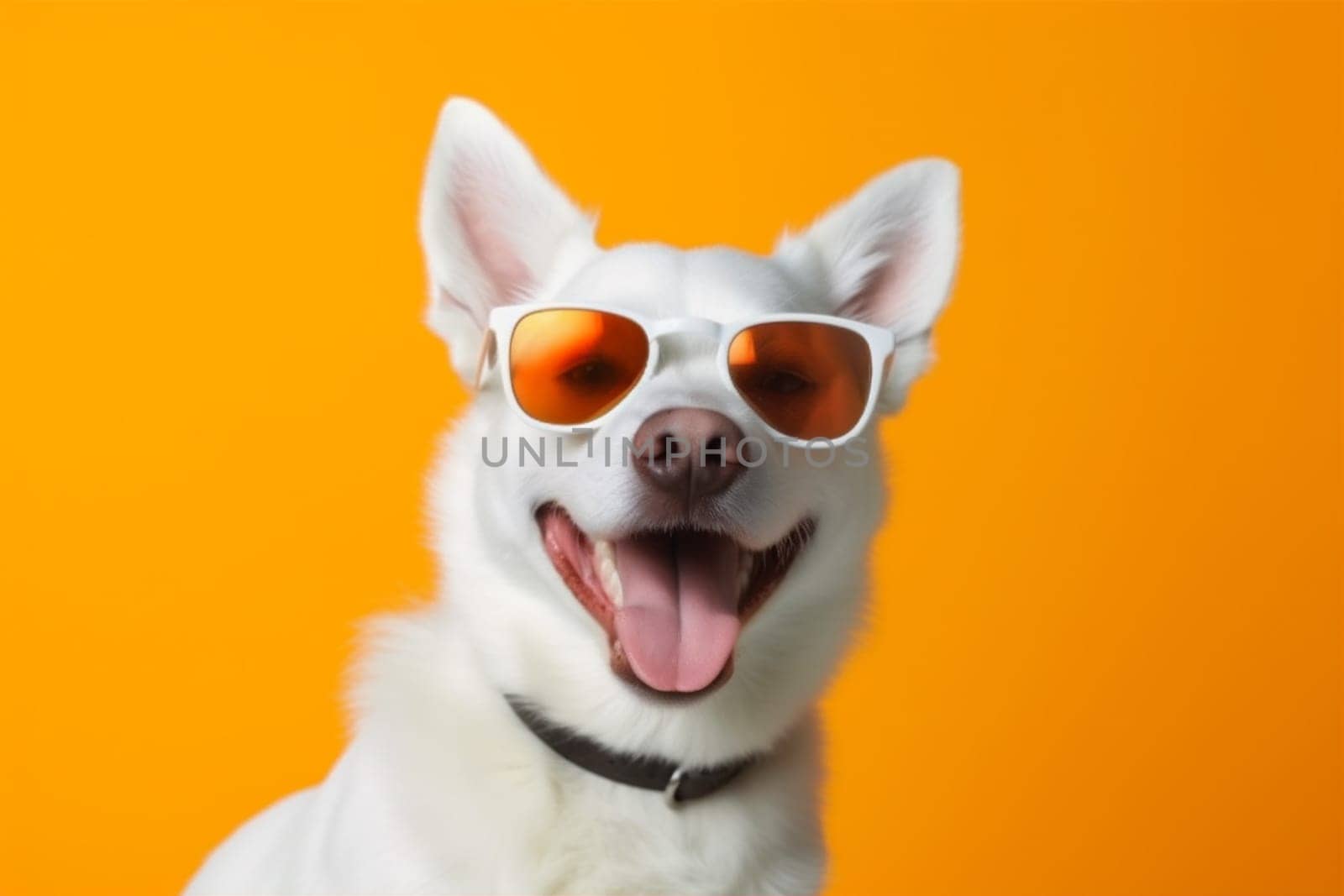 dog orange animal young happy birthday sunglasses breed puppy pet fun smile isolated funny portrait cute small copy party background concept student space. Generative AI.