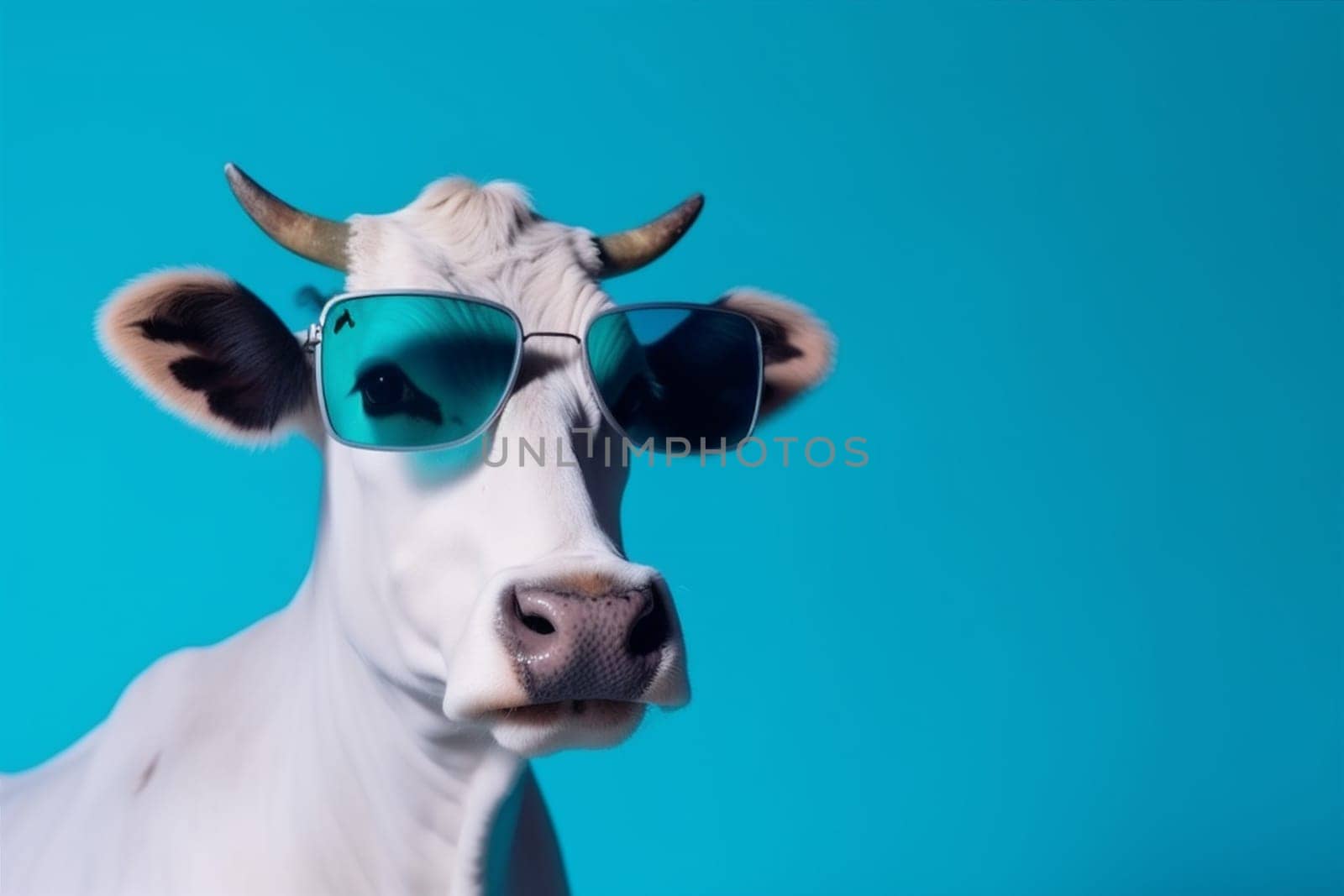 concept funny sunglasses animal character fun space head postcard beautiful mammal background cow bull face copy portrait fashion trendy blue eyeglass blue. Generative AI.