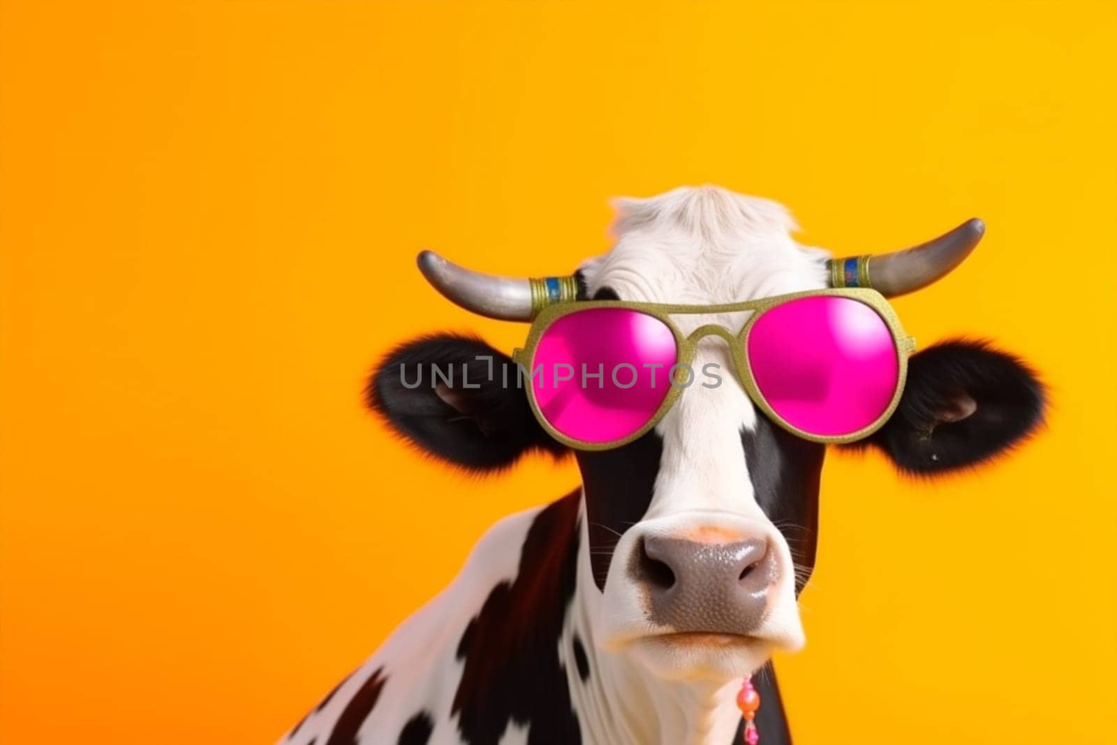goggles sunglasses farm looking funny colourful portrait character cow cute design retro style face orange ai bull animal head colours. Generative AI.