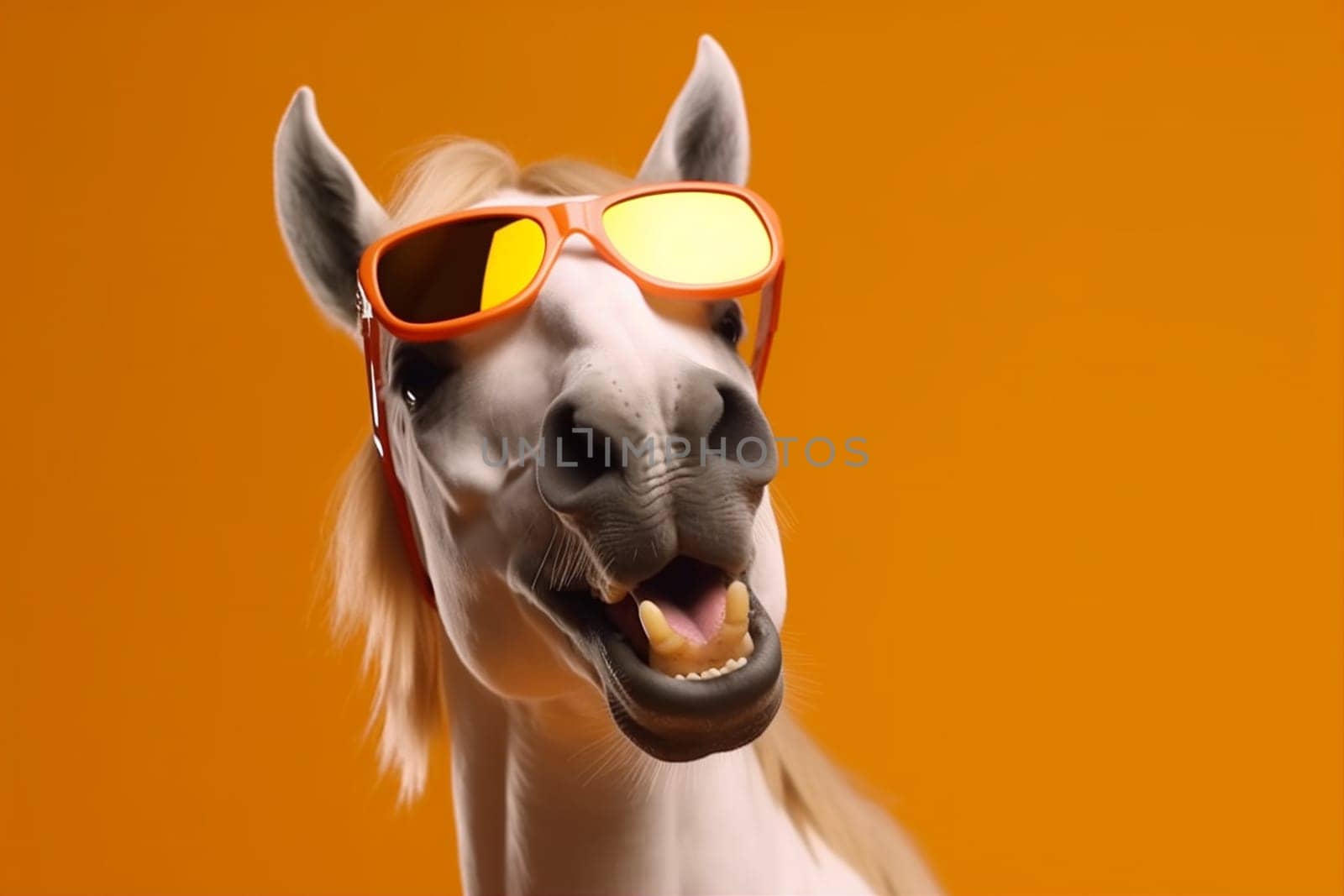 ai isolated smile sunglasses studio colourful colours concept horse animal advert mammal background portrait goggles art cute funny fun pet face. Generative AI.