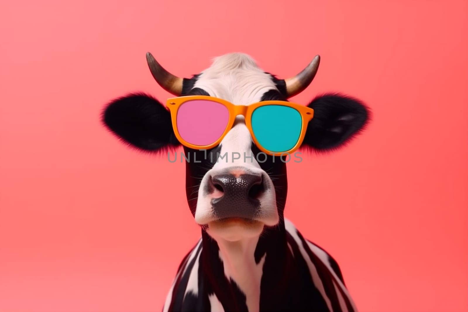 colourful cow funny cute head animal face character sunglasses portrait. Generative AI. by SHOTPRIME