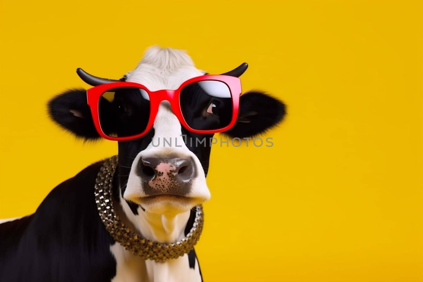 cow animal art face portrait character milk funny farm generative cute head sunglasses goggles design yellow fun amusing colourful isolated. Generative AI.