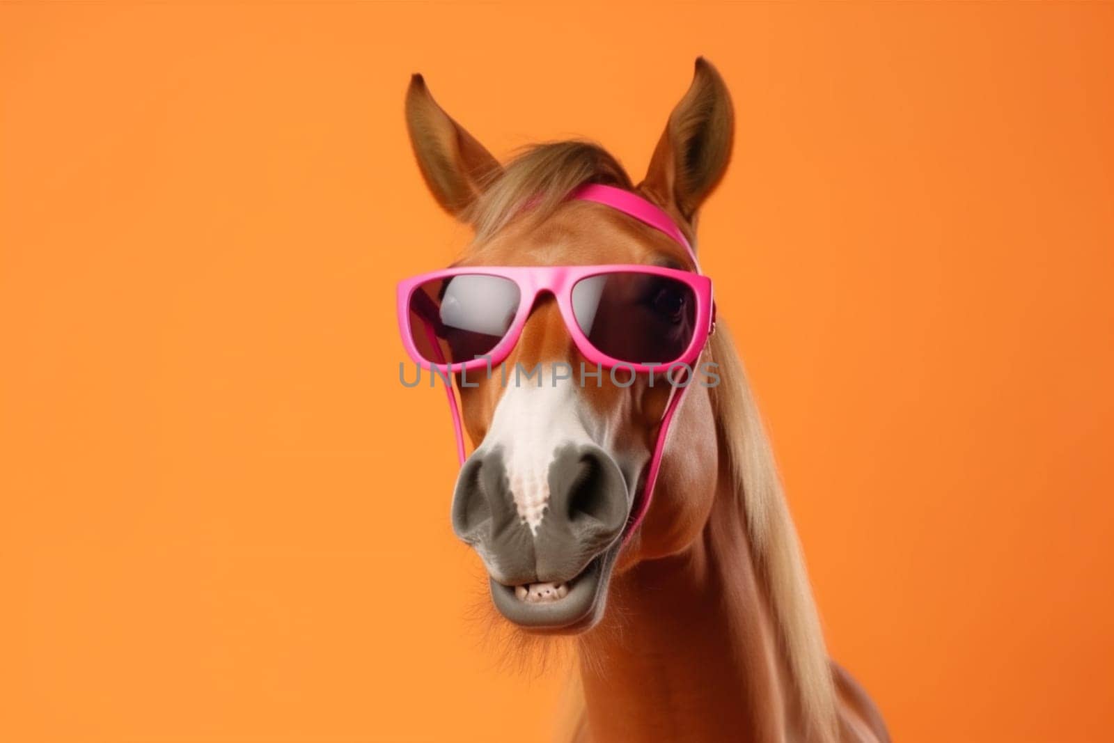 character yellow funny goggles animal colourful concept nature wildlife field portrait head background sunglasses smile eye horse fun banner mammal blue. Generative AI.