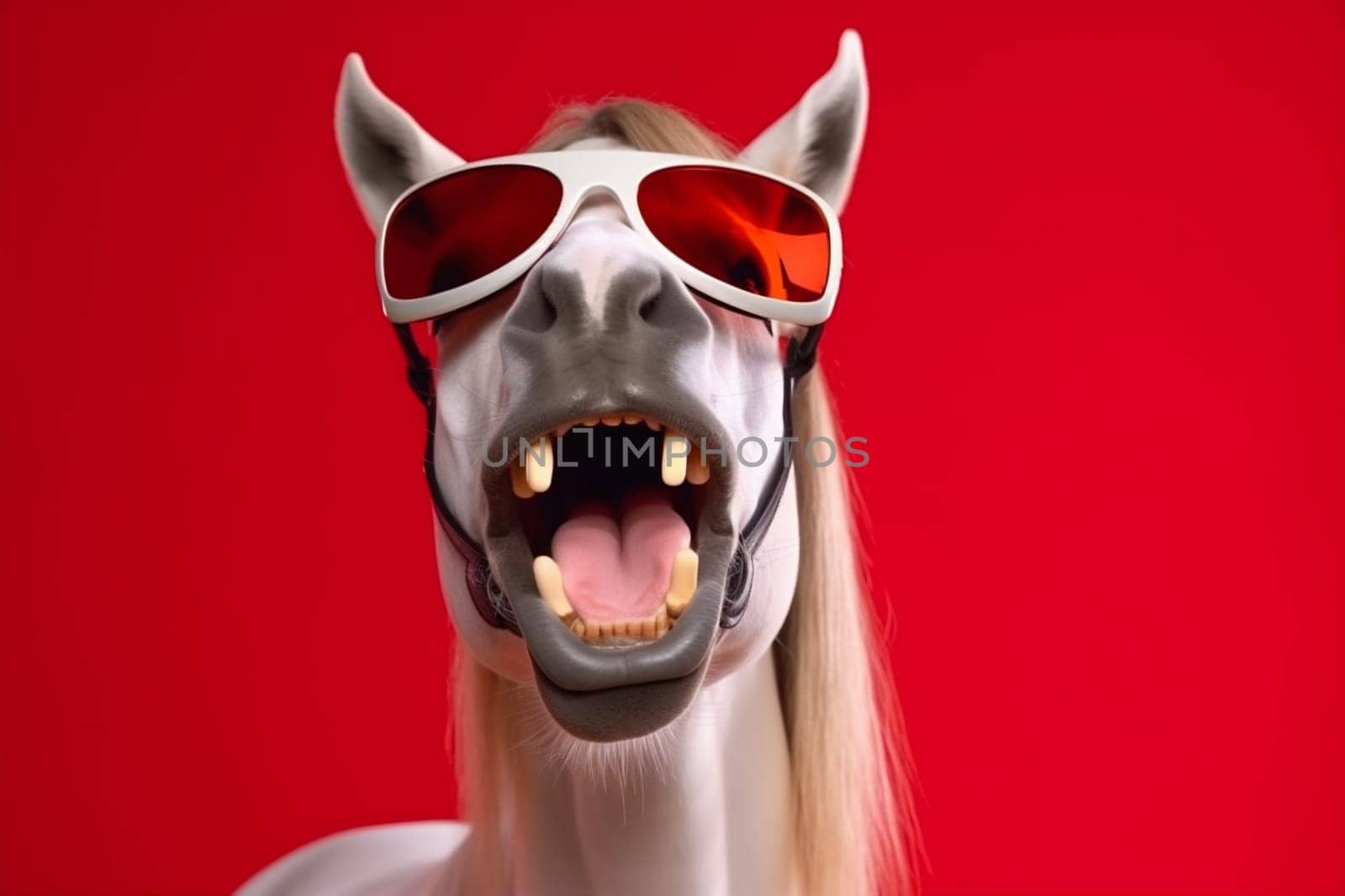 blue horse sunglasses portrait colourful background animal funny goggles fun smile. Generative AI. by SHOTPRIME