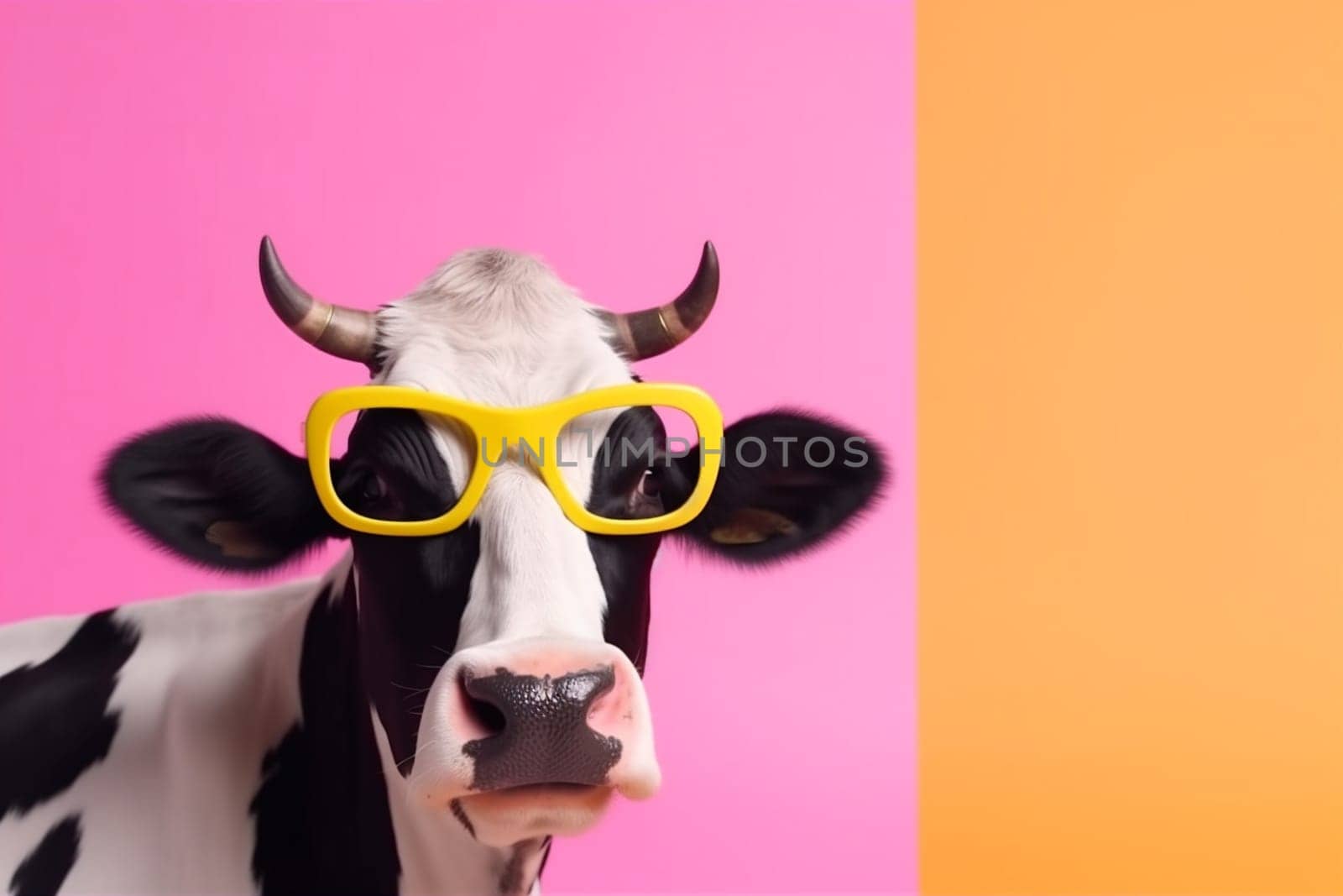 nature cool cow mammal funny face cute ai sunglasses colourful goggles portrait colours design animal character head yellow wearing farm. Generative AI.
