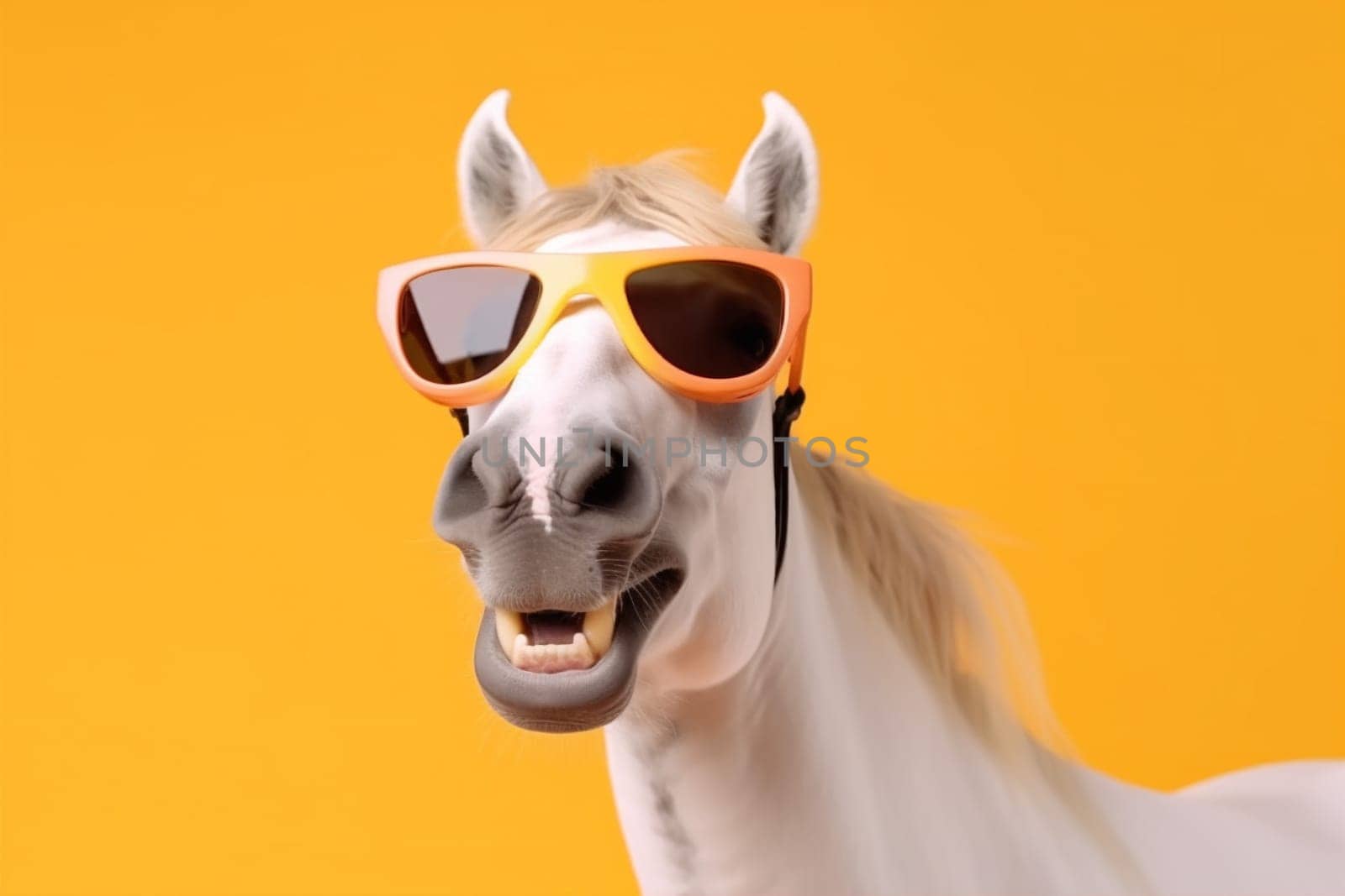 humor horse colourful nature animal sunglasses funny looking smile eye fun art ai beauty isolated goggles background dark portrait comic yellow. Generative AI.