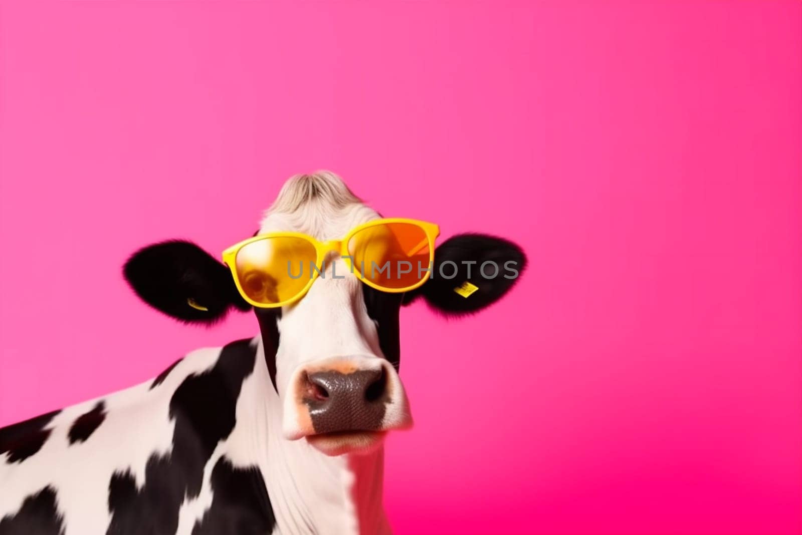 looking bull portrait cow animal colourful character beauty amusing expression humor cool funny face head cute colours trendy sunglasses wearing. Generative AI.