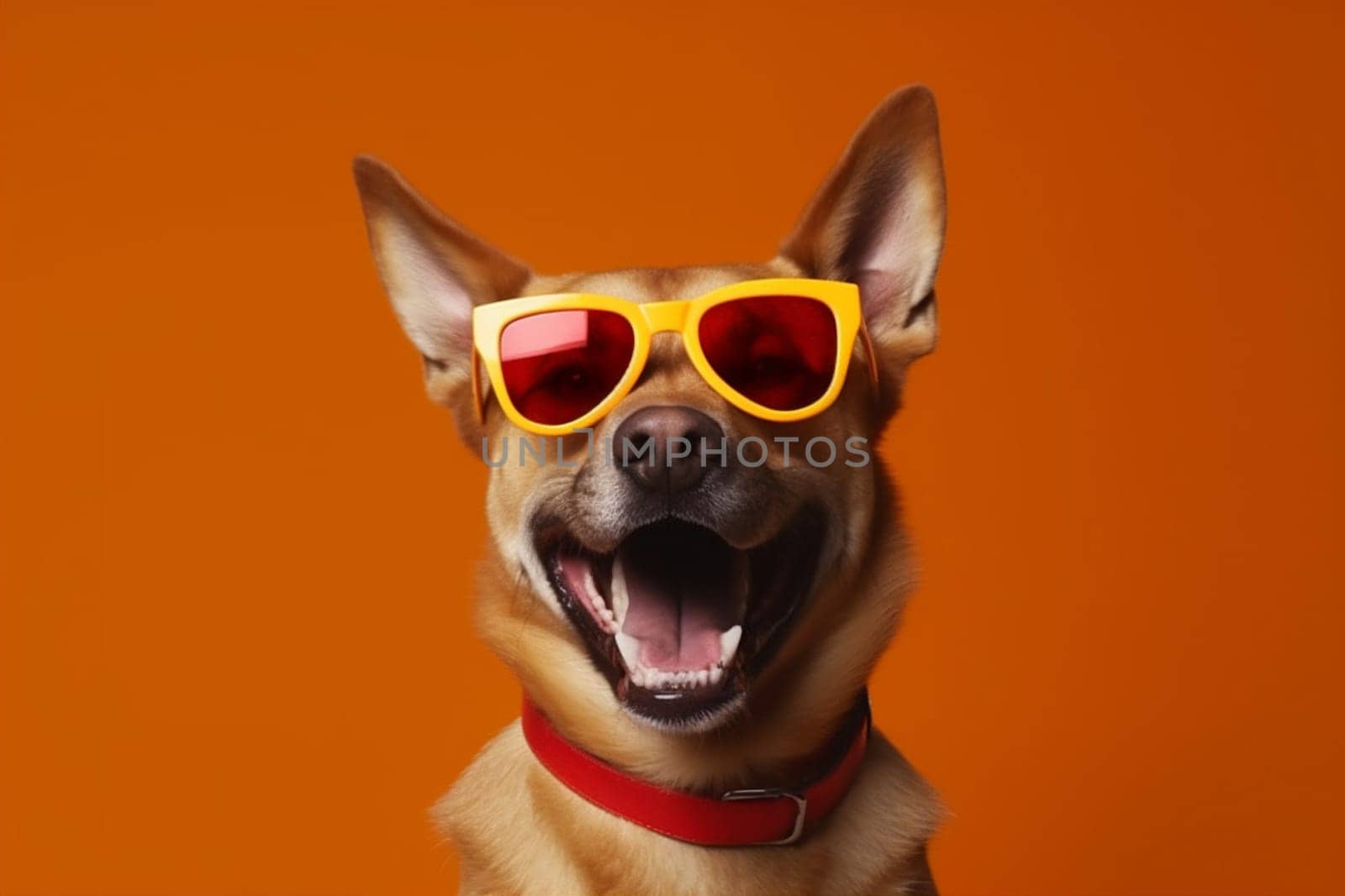 dog white copy animal brown pink sunglasses fashion doggy summer blue space portrait smile small isolated pet happy funny puppy background cute. Generative AI.