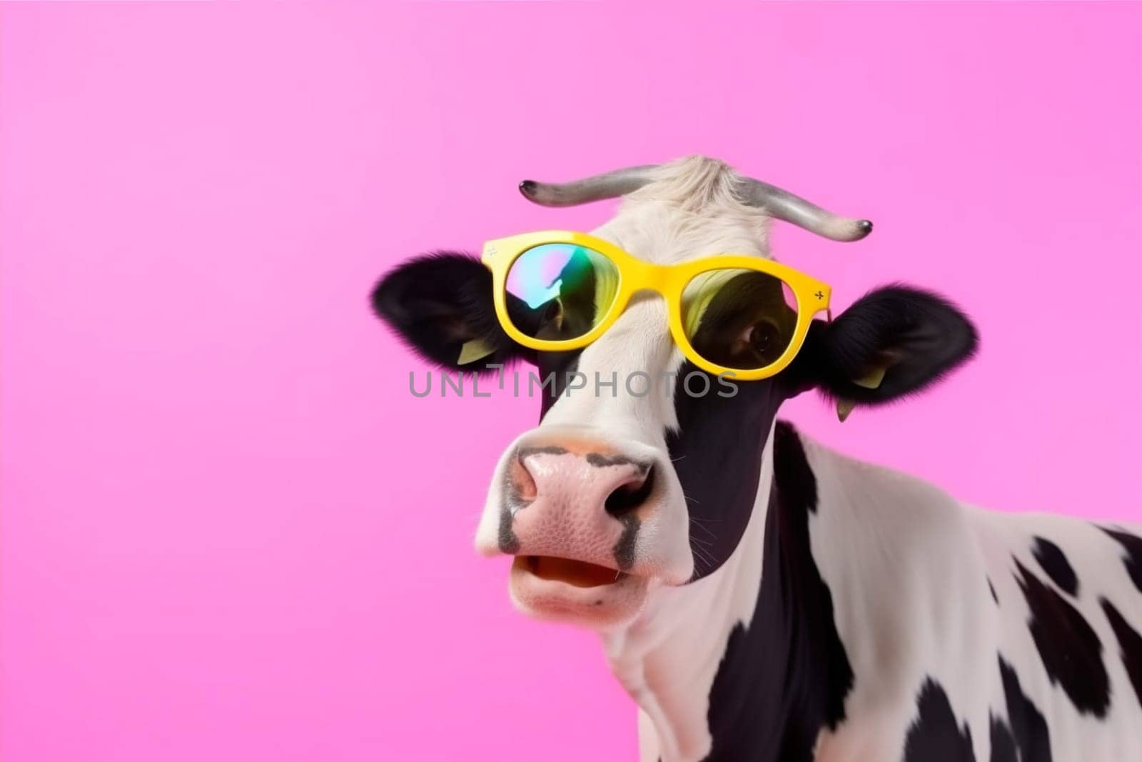 character funny sunglasses colourful face animal head portrait cute cow. Generative AI. by SHOTPRIME