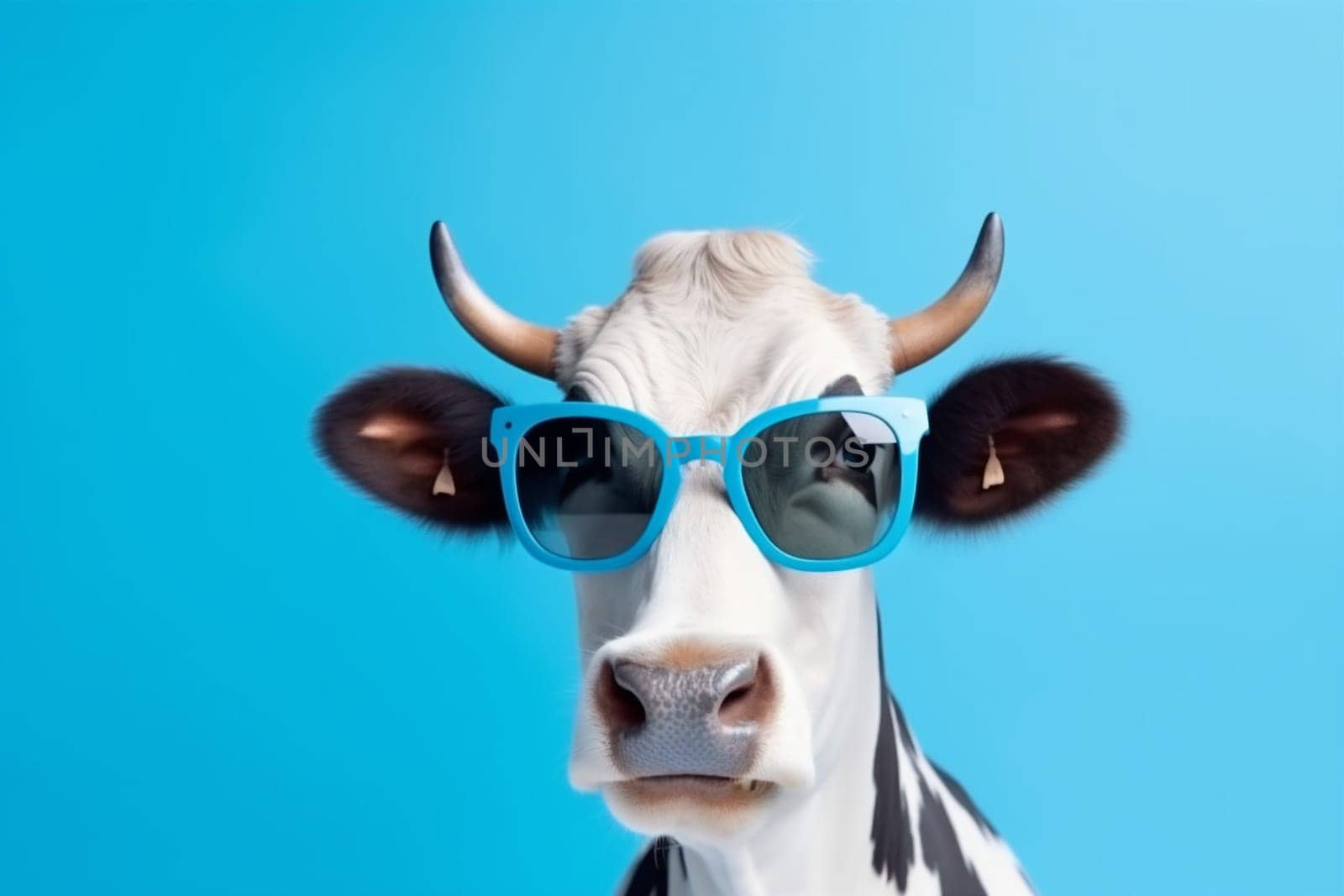 animal style sunglasses head portrait animal farm cow studio blue goggles bull copy background face cute cartoon eyeglass smiling funny illustration fun space. Generative AI.