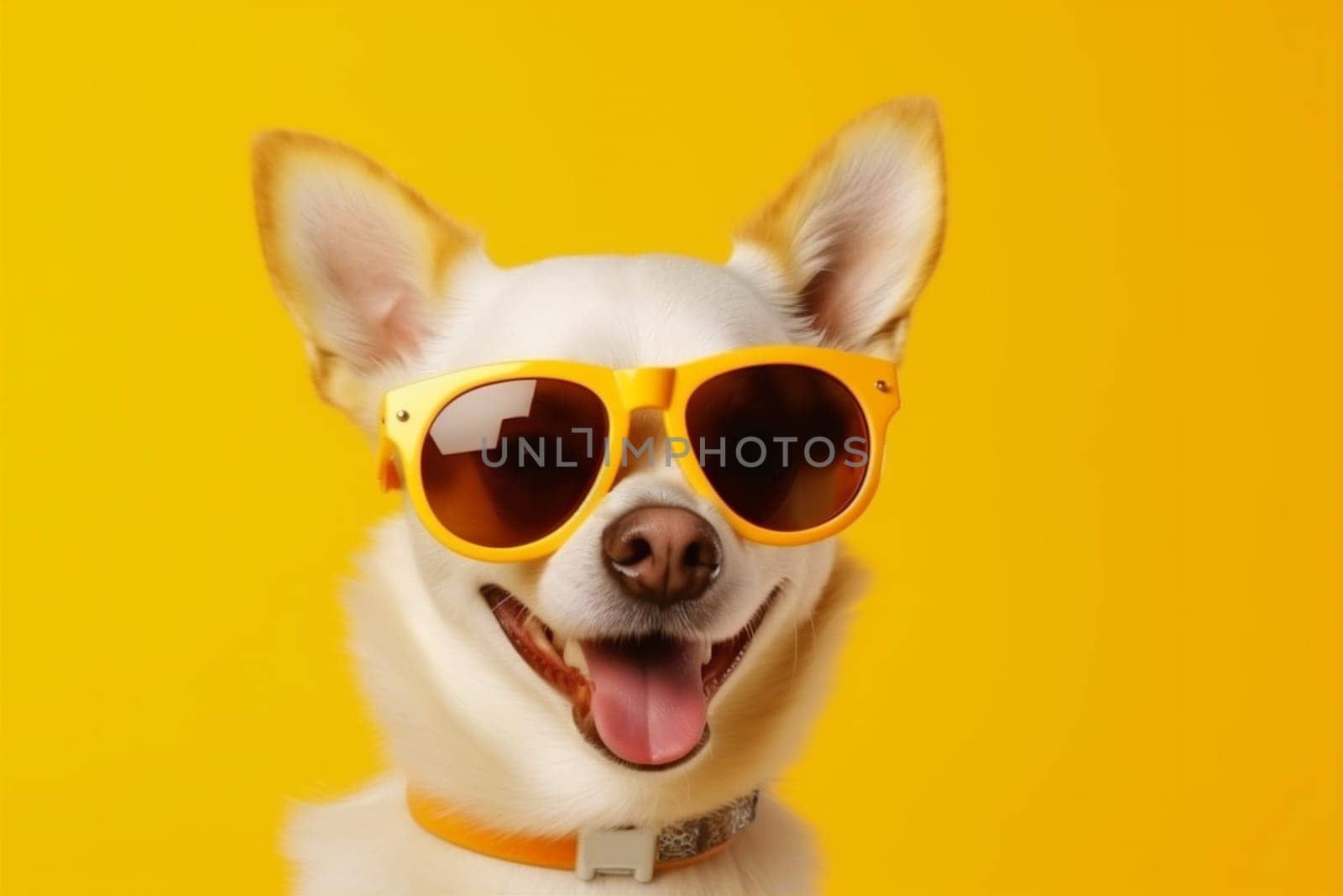 animal dog breed doggy purebred funny cute cool fun portrait pink copy space background smile goggles isolated studio pet fashion sunglasses student. Generative AI.