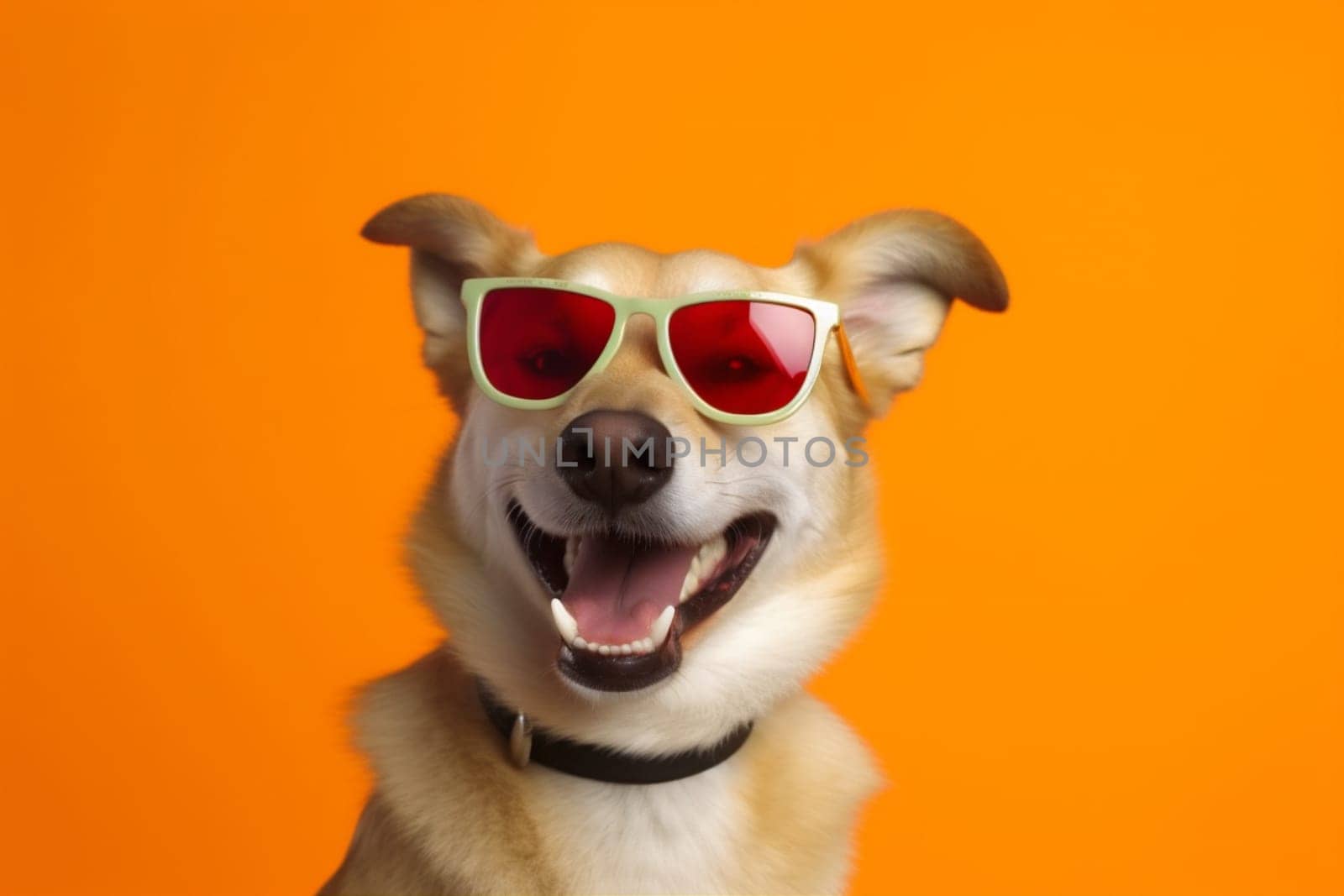 smile dog animal funny adorable sunglasses blue copy pet beautiful background orange isolated portrait cute pink humor glasses puppy space indoor white. Generative AI.