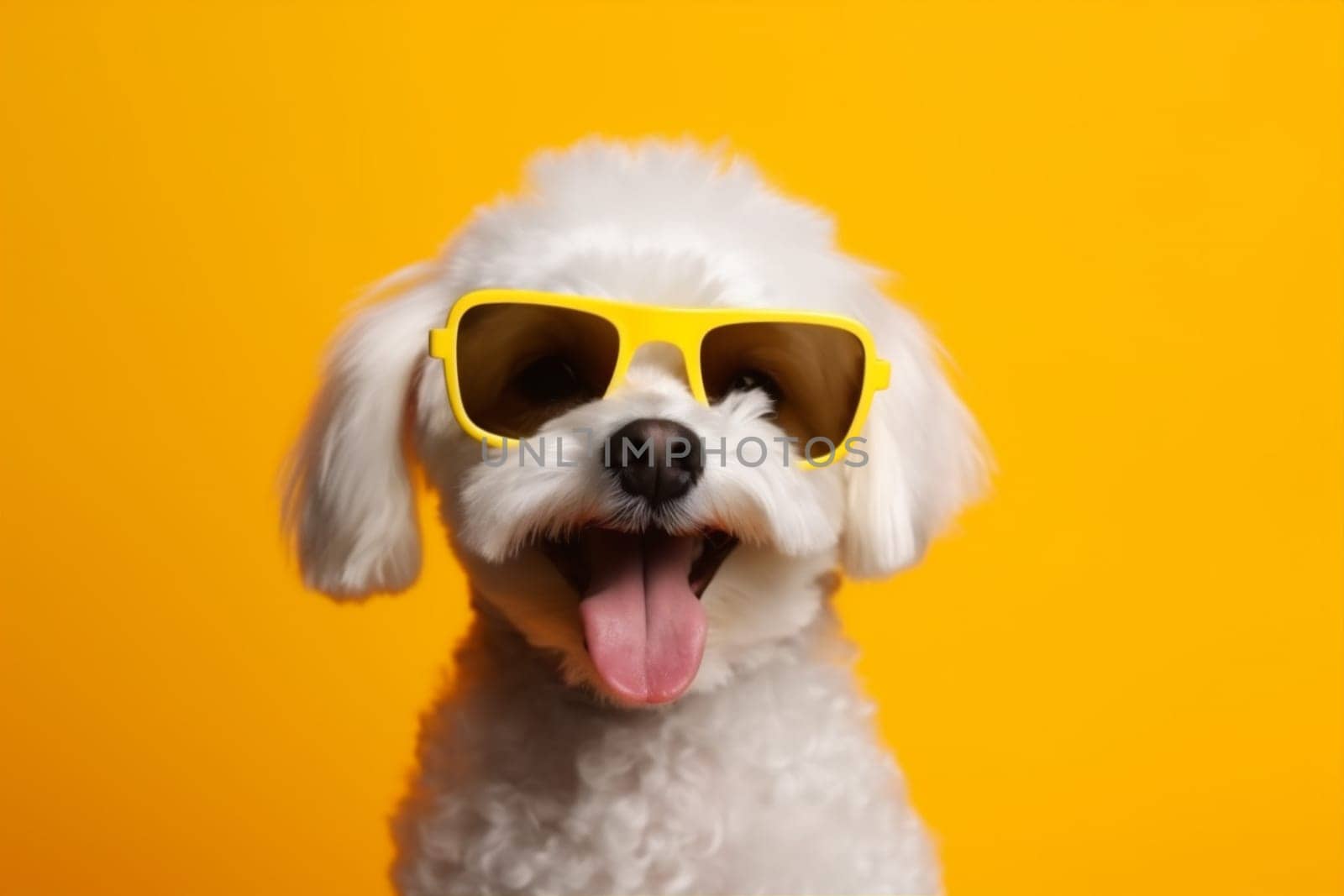 dog portrait white funny smile puppy pet cute isolated sunglasses background beautiful party breed blue red humor purebred trendy animal birthday orange. Generative AI.