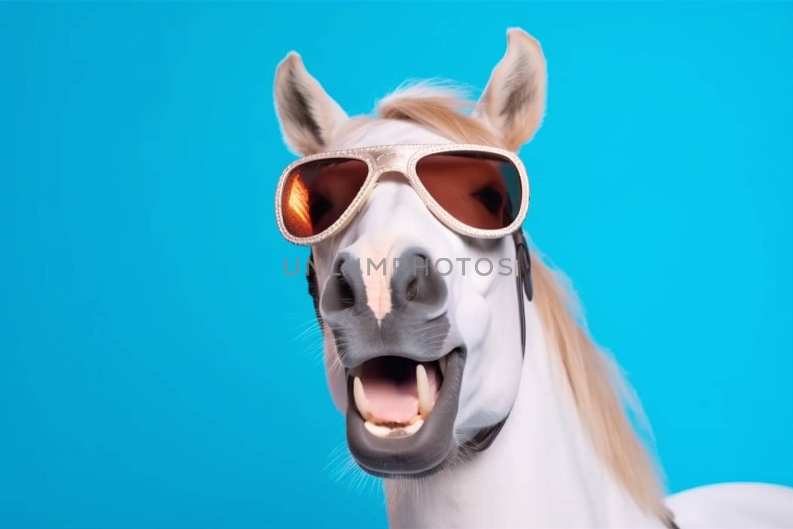 horse portrait funny fun colourful background goggles animal smile model sunglasses. Generative AI. by SHOTPRIME