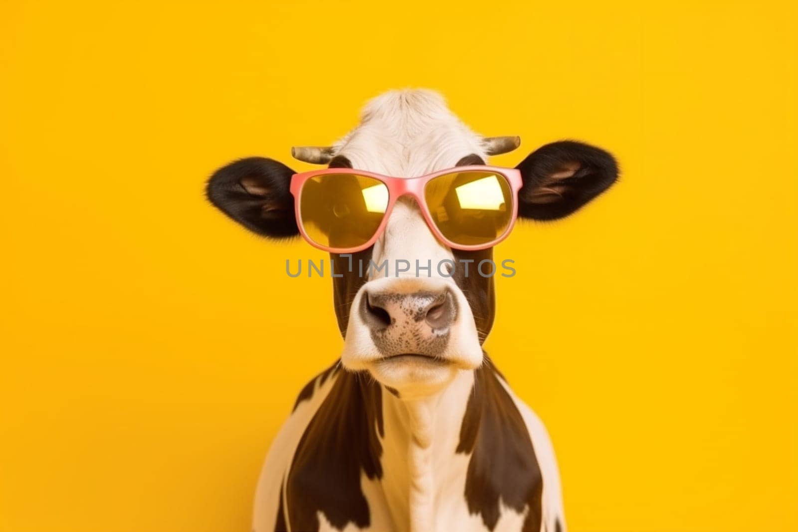 character portrait face head sunglasses funny colourful cute animal cow. Generative AI. by SHOTPRIME
