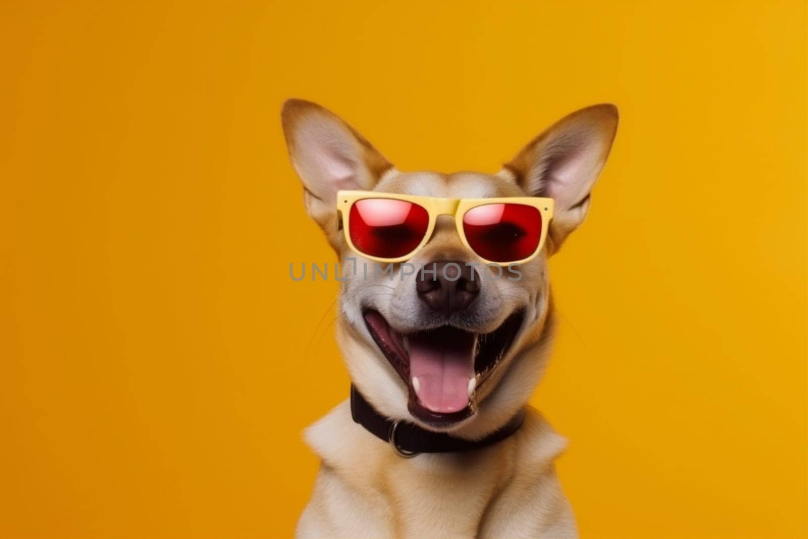 smile dog background puppy sunglasses summer student yellow funny animal pet isolated stylish friend pink doggy humor goggles beautiful cute portrait. Generative AI.
