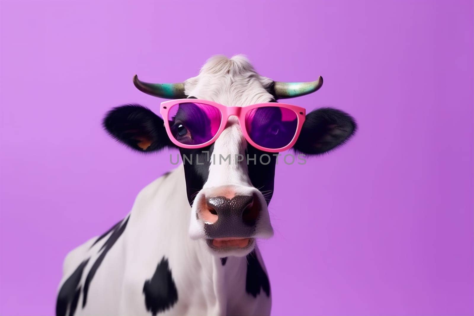 head art cute generative background character nature amusing colours sunglasses farm face pink funny animal comical colourful goggles portrait cow. Generative AI.