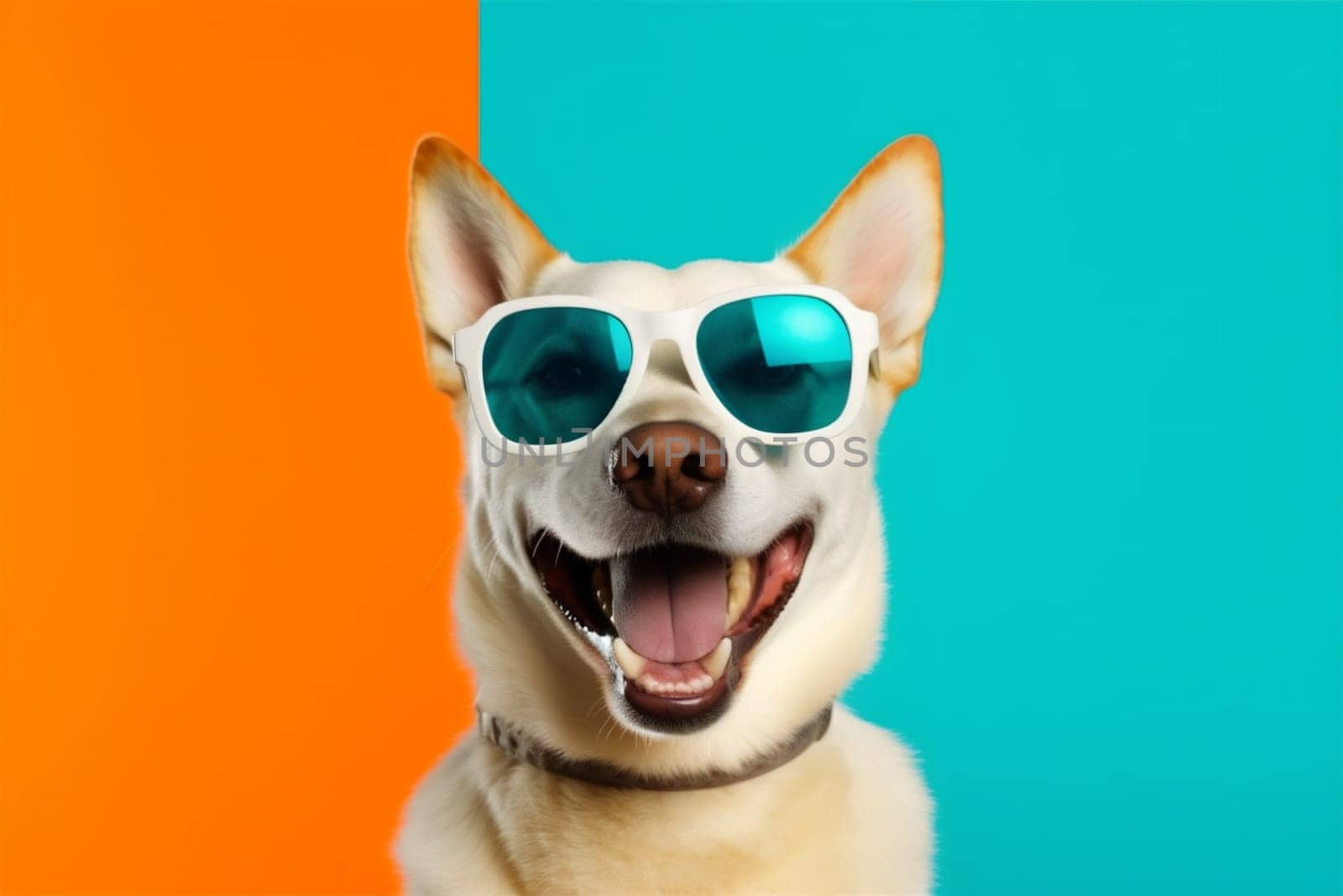 dog smile sunglasses brown cool cute animal purebred pet funny isolated stylish doggy pink portrait adorable summer friend beautiful background young. Generative AI.