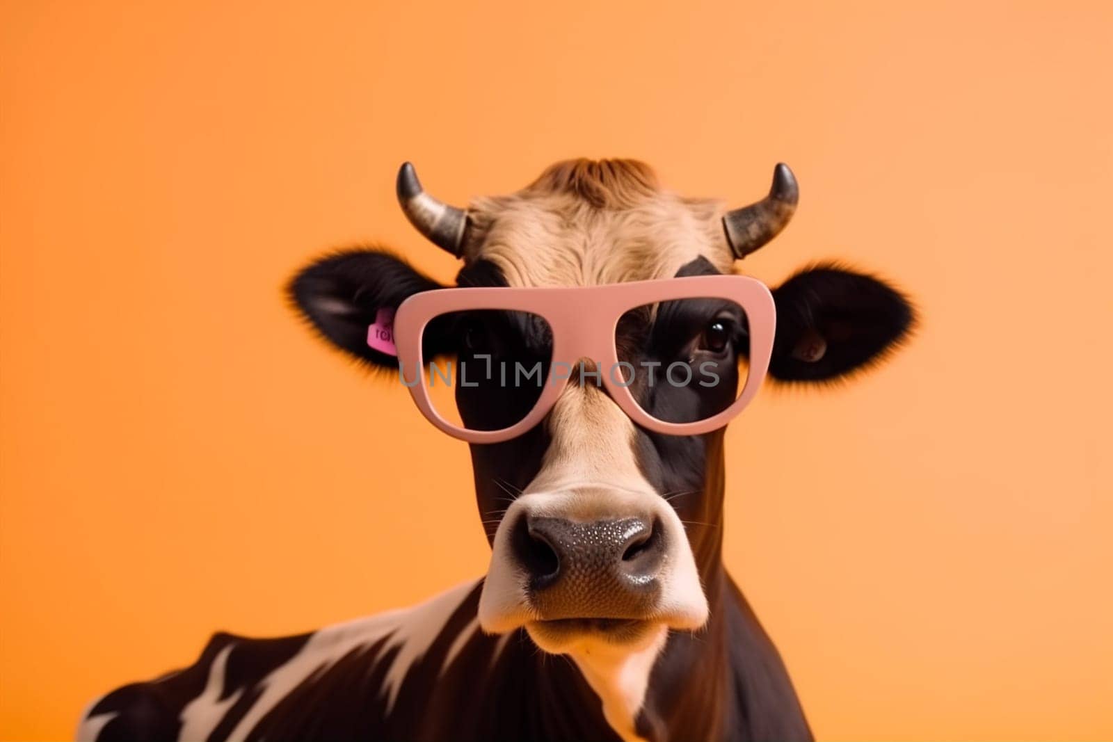 goggles cow sunglasses portrait head looking colourful comical orange art retro animal ai character yellow face funny trendy farm cute. Generative AI.