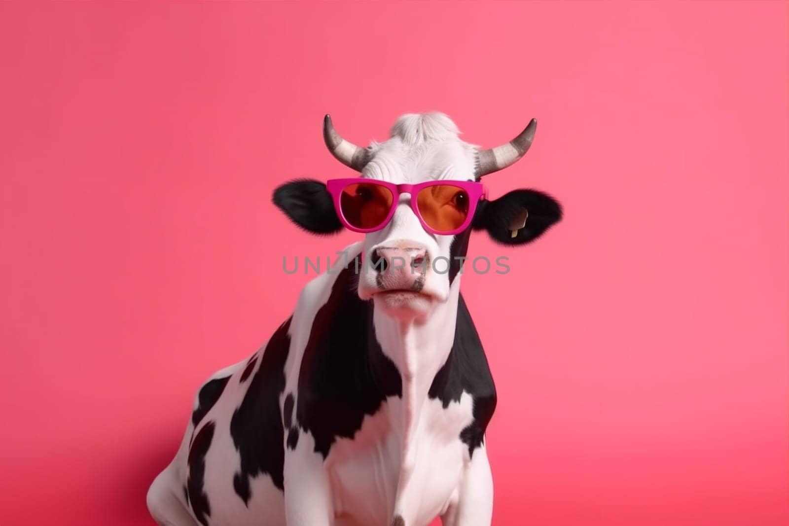 pink happy fashion portrait character cow cute face colours colourful blue sunglasses funny animal head design eyeglass humor generative bull. Generative AI.