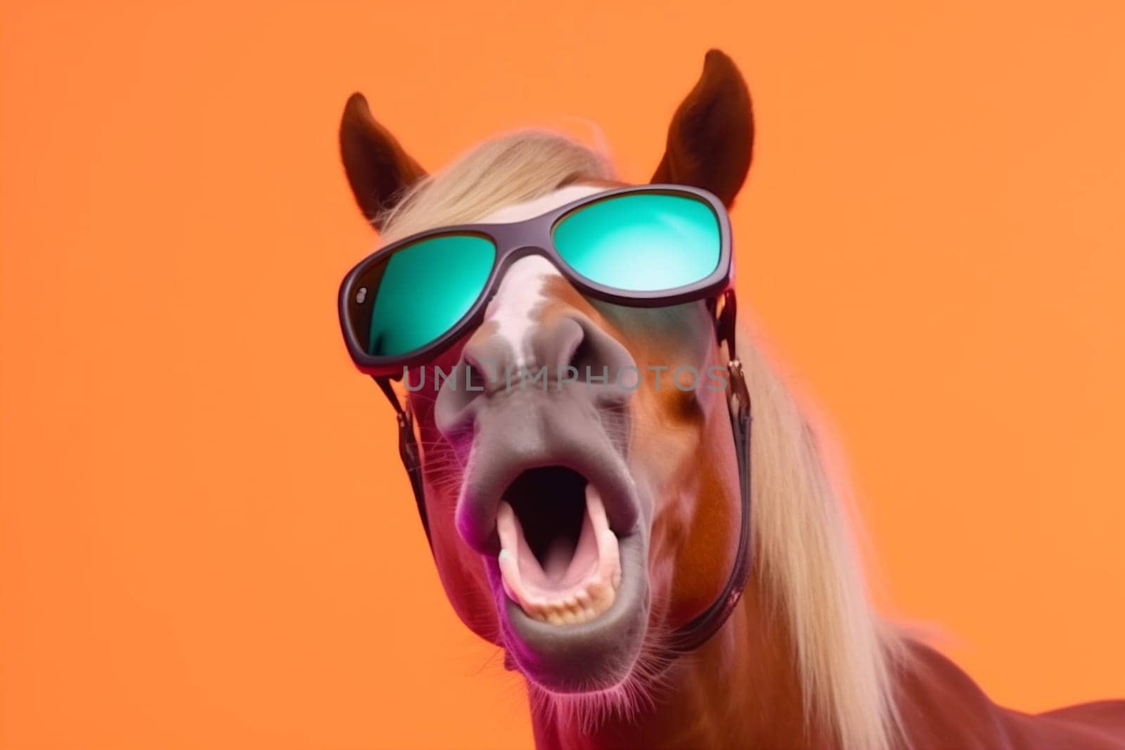 fun funny portrait smile horse animal cute colourful sunglasses goggles background. Generative AI. by SHOTPRIME