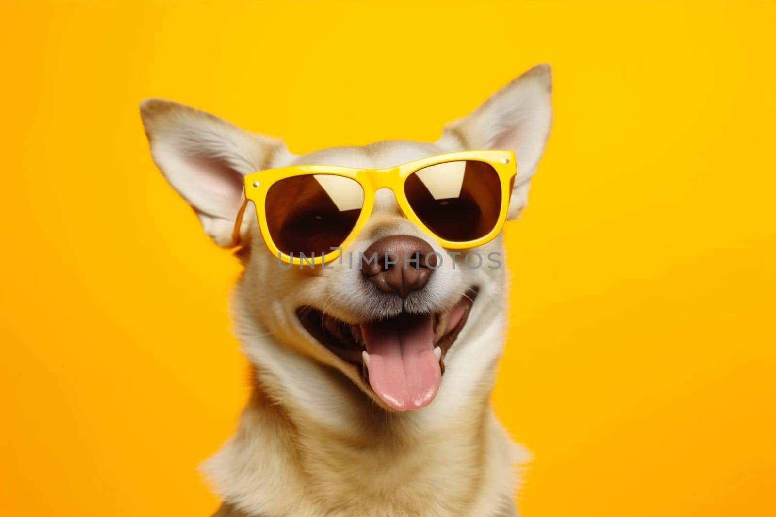dog animal puppy red pet friend fun cute pink portrait domestic concept funny glasses background sunglasses yellow breed smile blue isolated. Generative AI.