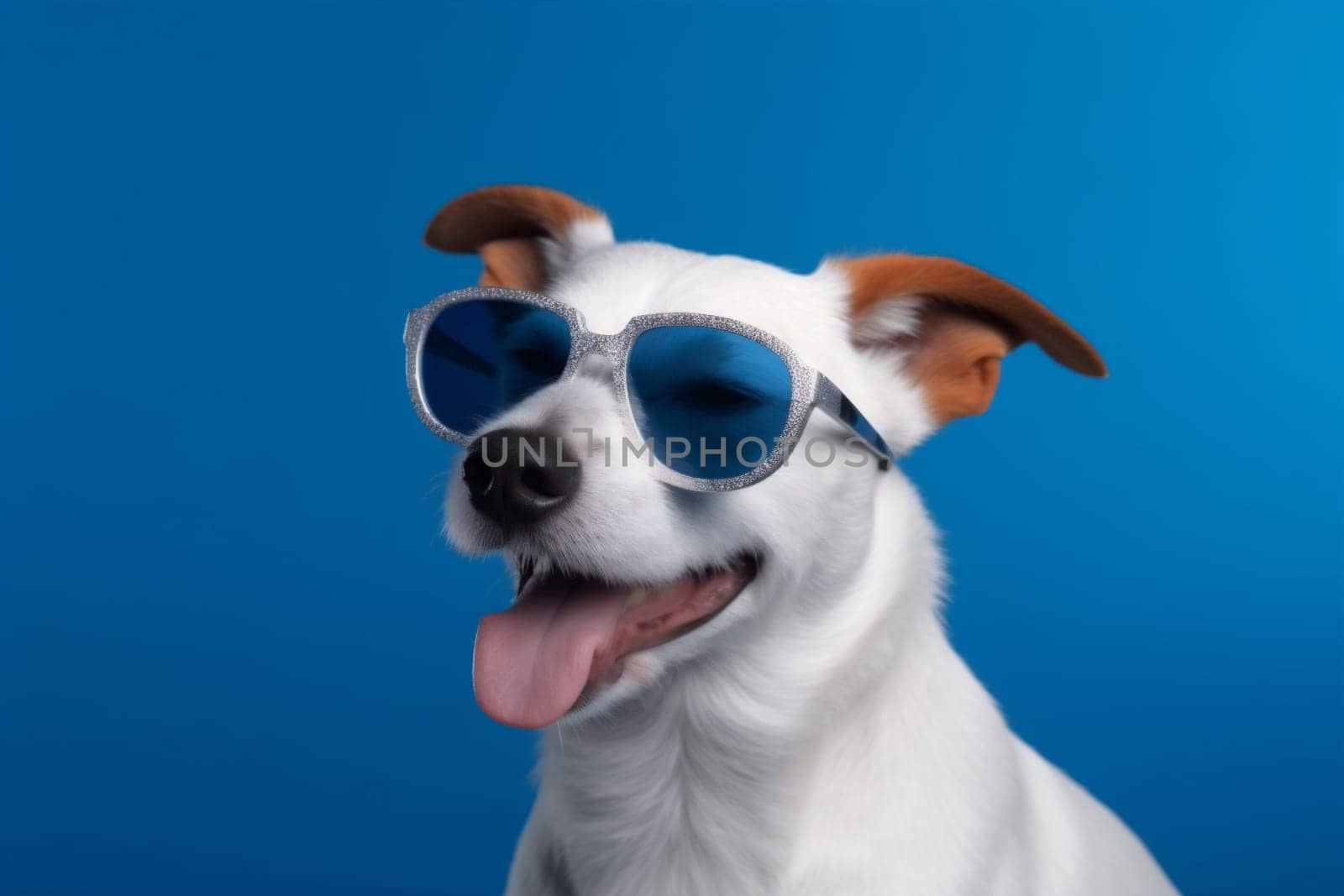 cute dog concept party friend indoor background portrait summer white isolated sunglasses pet purebred animal birthday funny pink cool adorable glasses smile. Generative AI.