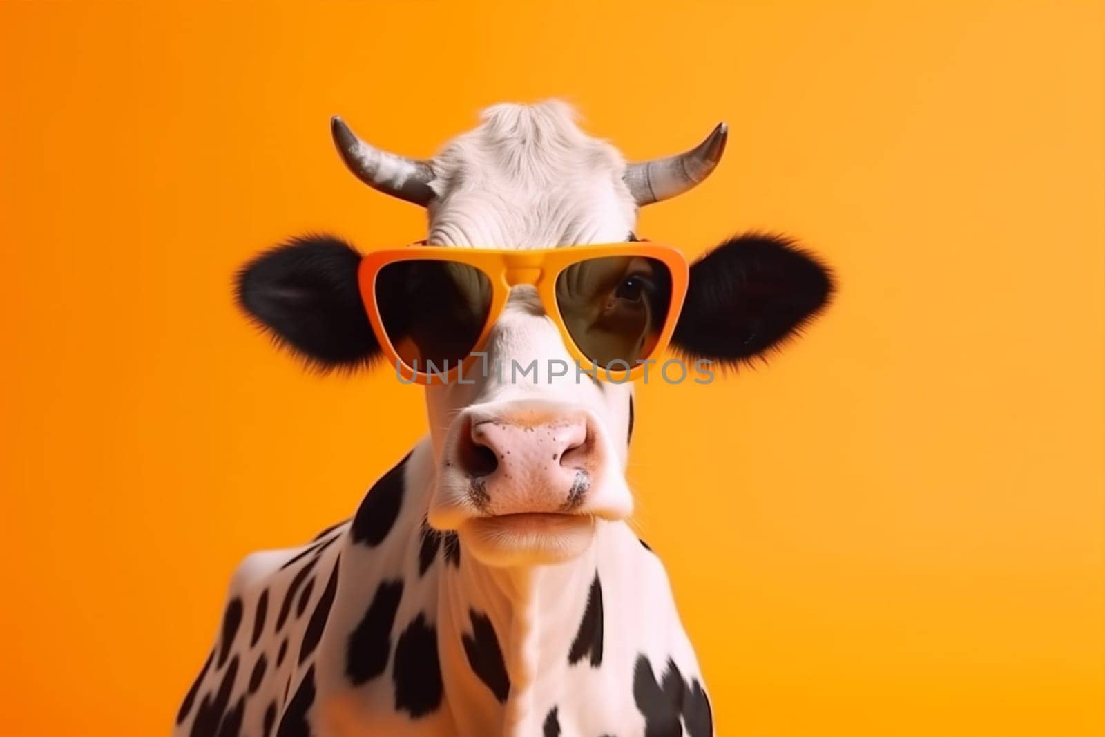 funny colours nature art pink amusing character face blue head portrait cute sunglasses cow mammal animal goggles colourful wearing isolated. Generative AI.