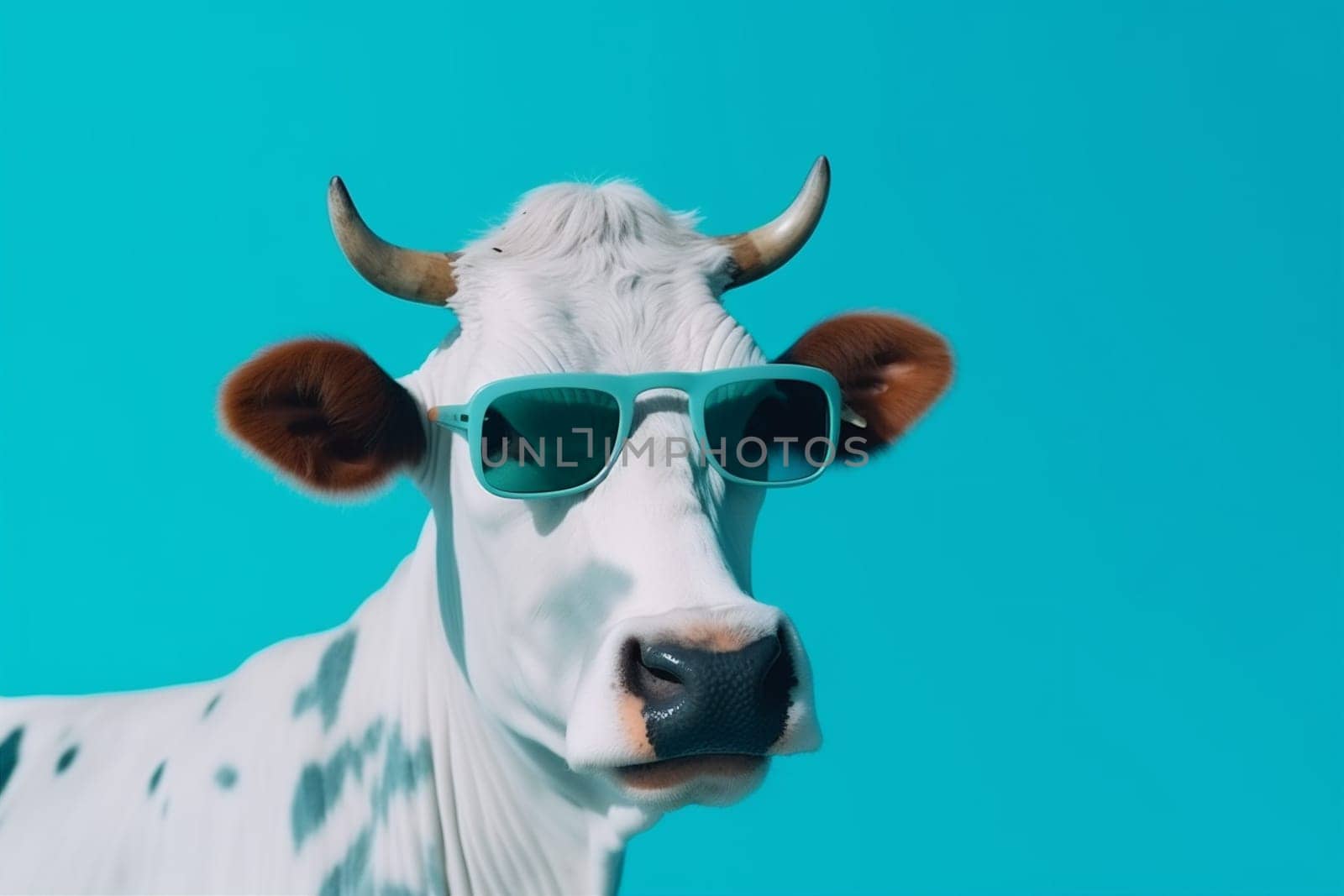 copy trendy white cow blue farm portrait horn bull dairy cool head space studio background eyeglass face funny sunglasses happy cute animal animal. Generative AI.