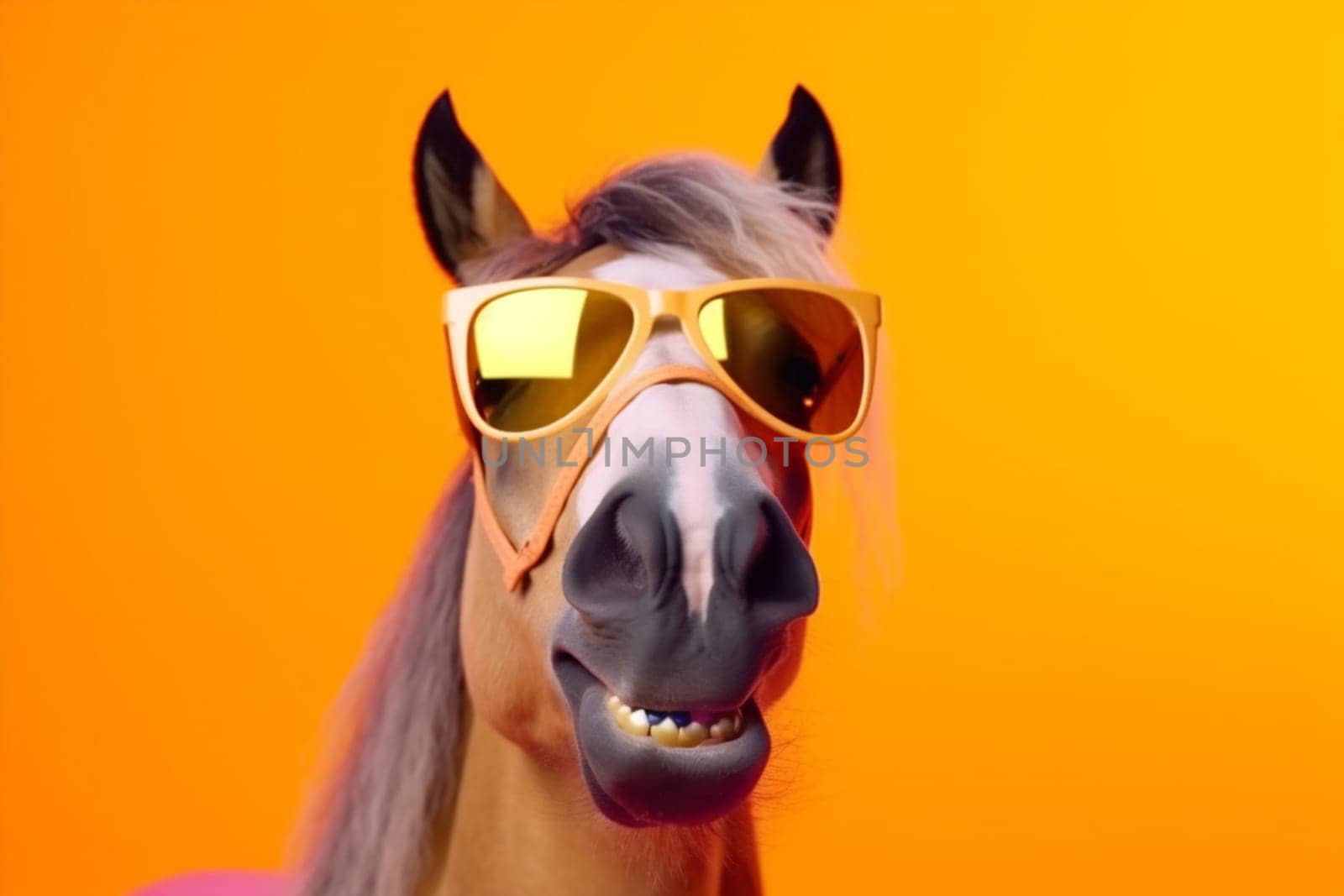 background advert goggles smile funny portrait colourful horse animal sunglasses fun. Generative AI. by SHOTPRIME