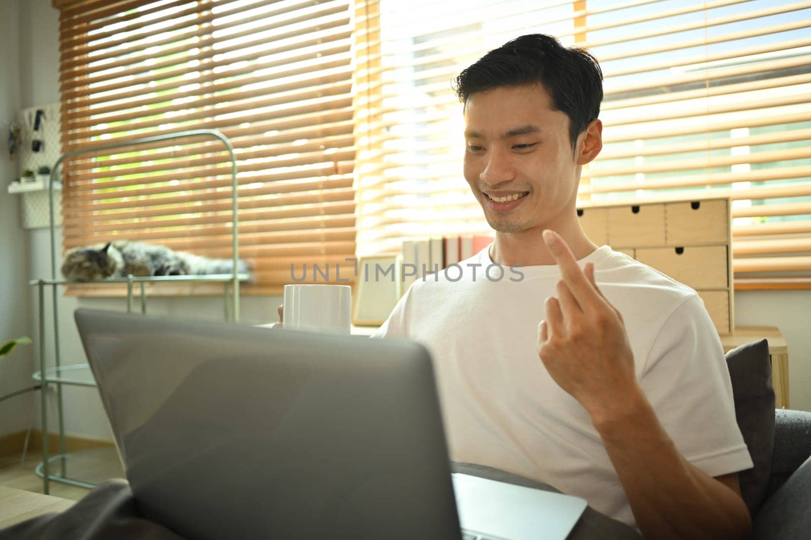 Smiling asian man making video call on laptop, talking and gesturing while explaining something. Technology and communication.