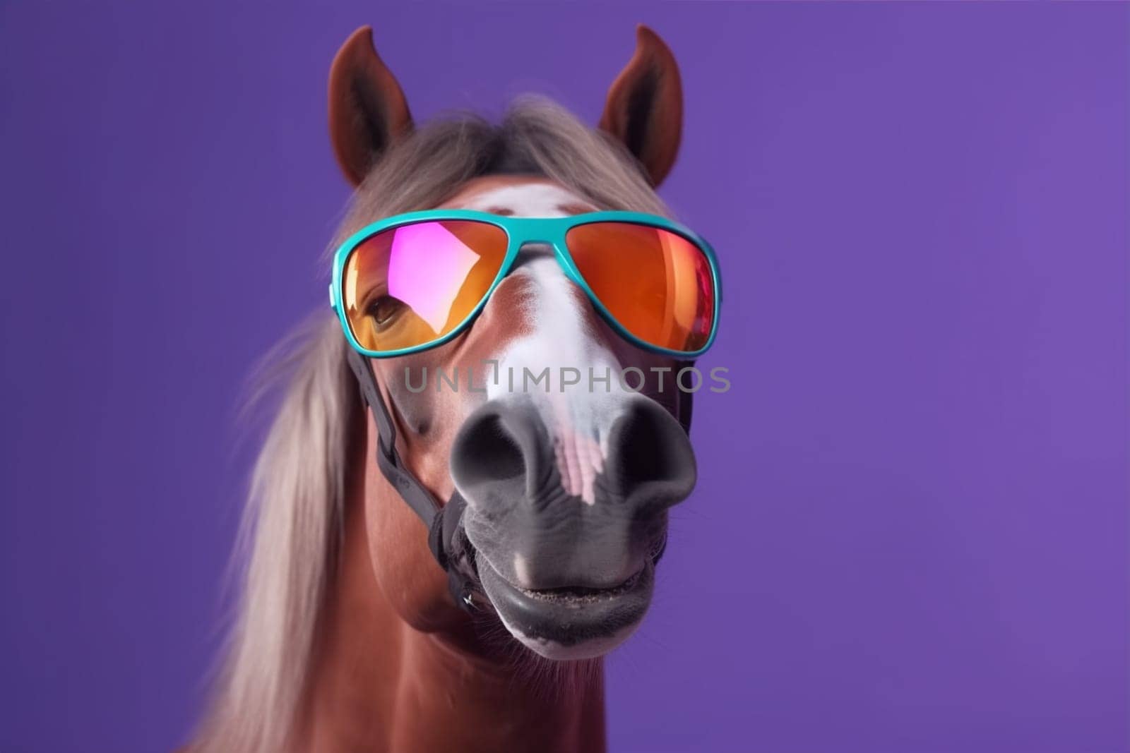field portrait background sunglasses goggles fun smile horse colourful funny animal. Generative AI. by SHOTPRIME