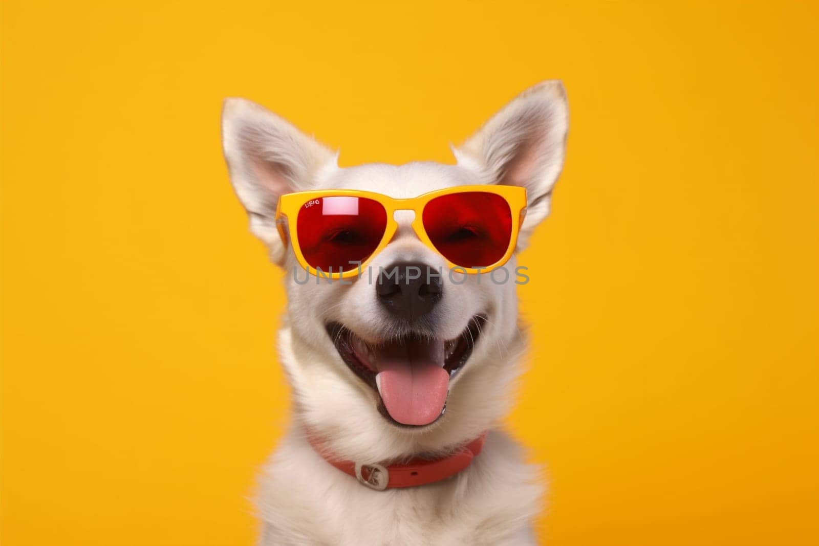 dog copy sunglasses summer portrait orange animal fun funny happy smile background pet red brown breed space young stylish cute friend isolated. Generative AI.