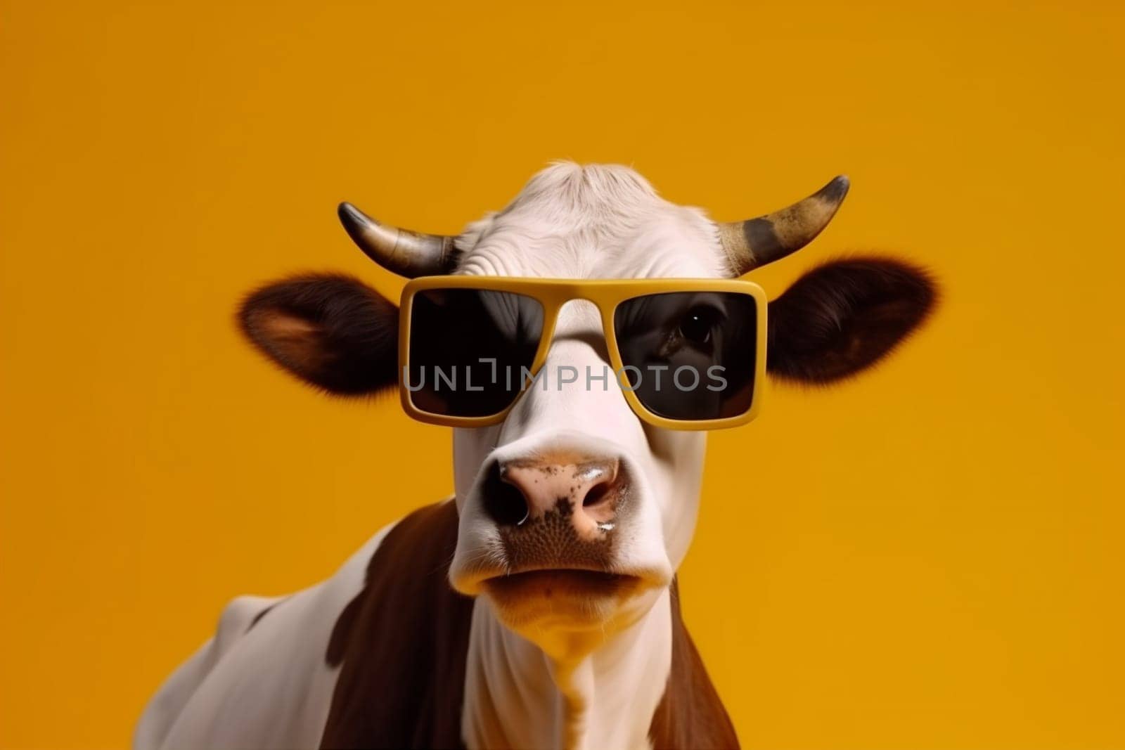 funny character cow portrait animal head colourful cute face sunglasses. Generative AI. by SHOTPRIME