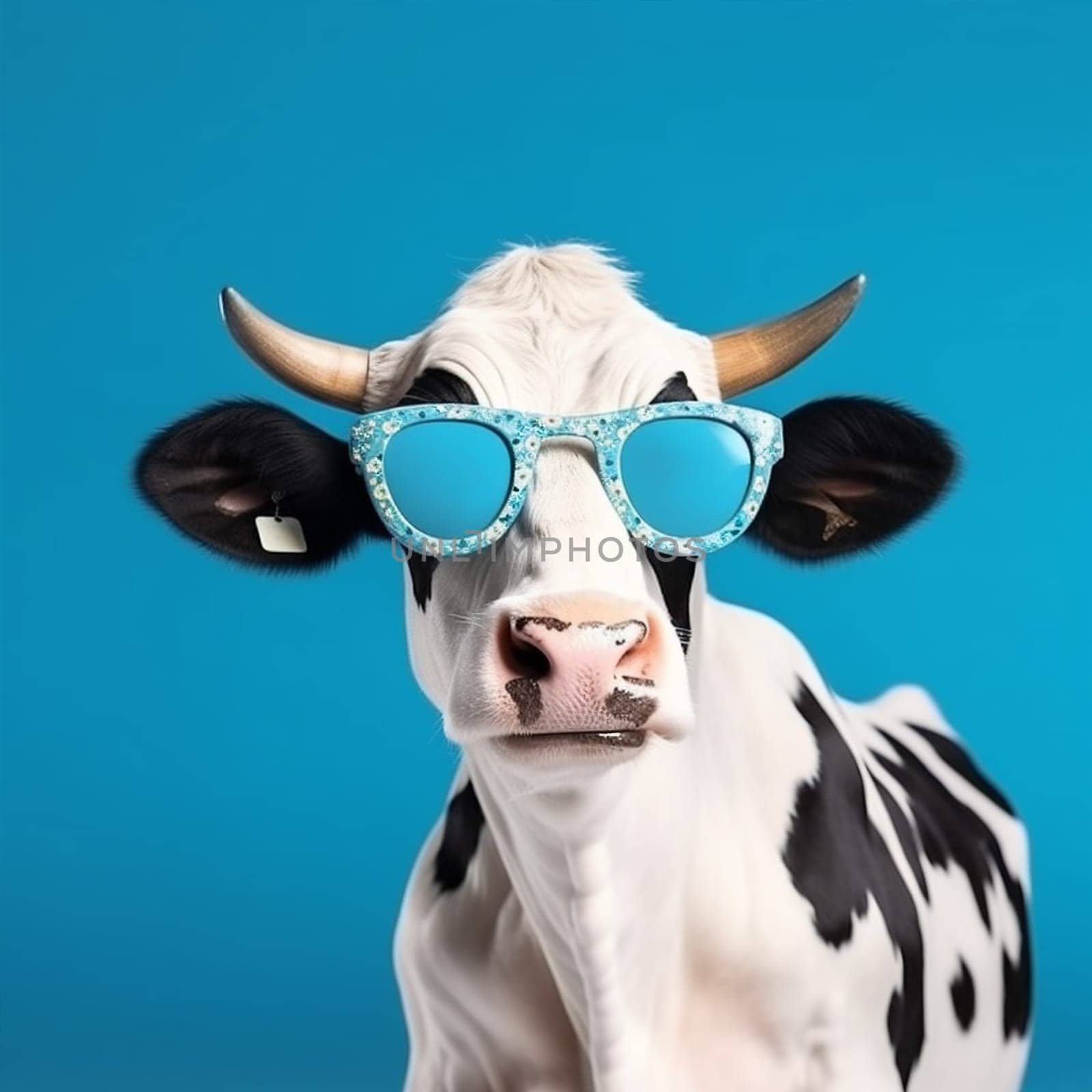 head eyeglass face background cow animal space blue funny portrait sunglasses copy. Generative AI. by SHOTPRIME