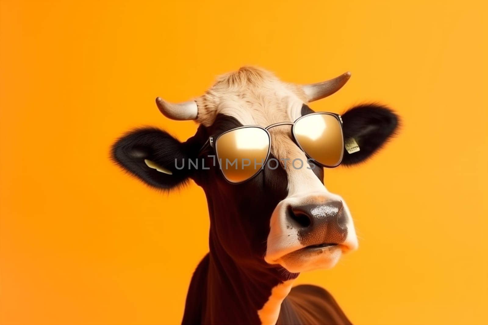 funny portrait sunglasses face character cow animal cute colourful head. Generative AI. by SHOTPRIME