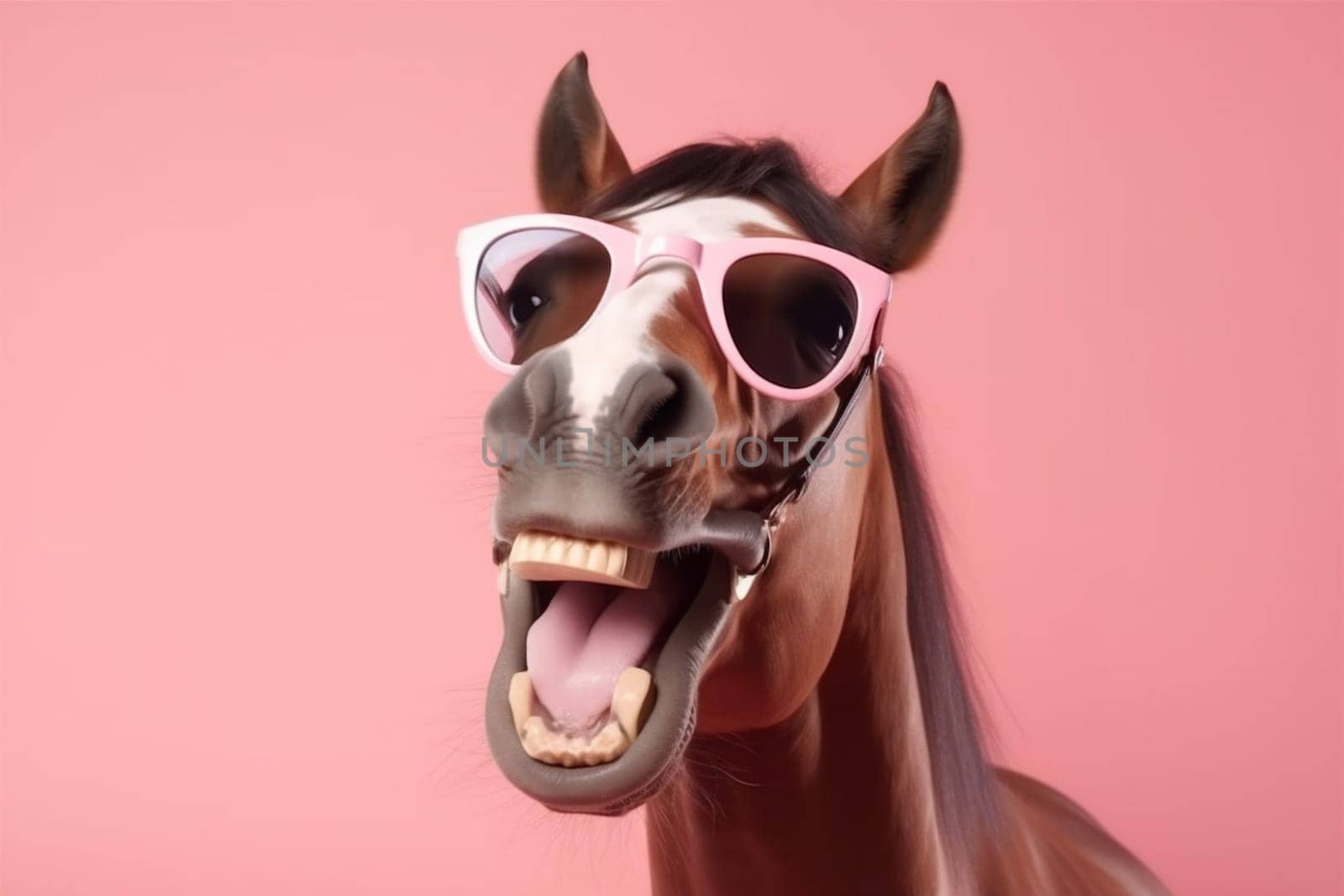 pastel smile yellow green portrait colourful sunglasses eye ai pink advert background goggles head beauty fun wildlife concept animal funny horse. Generative AI.