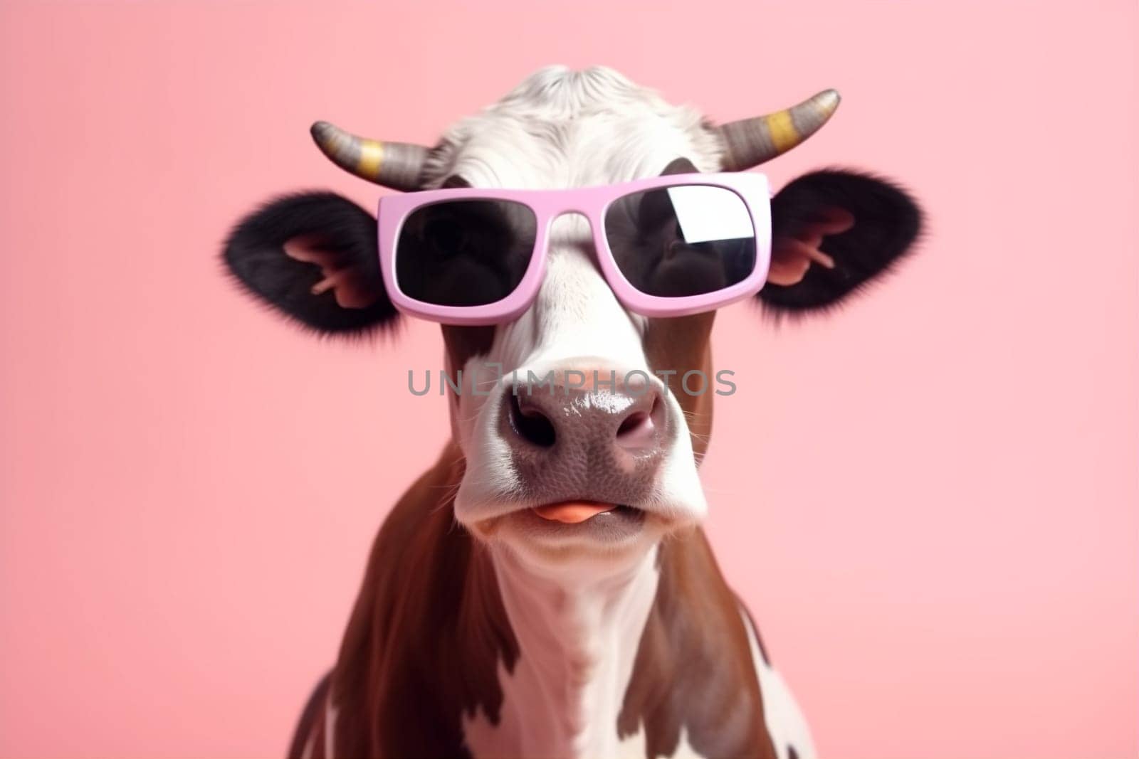 background funny character face sunglasses farm trendy milk humor mammal head nature portrait colourful animal fun fashion blue cute cow. Generative AI.