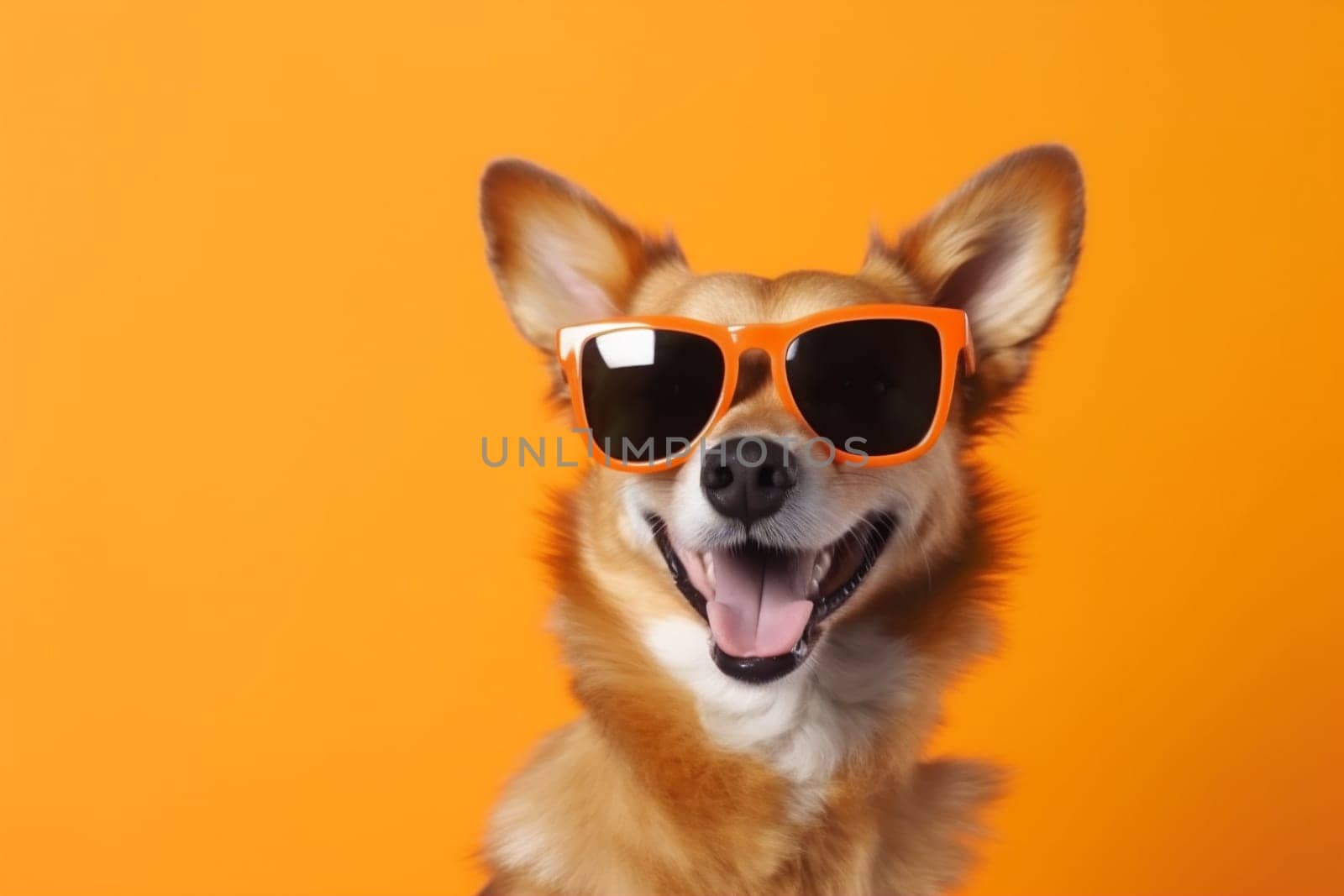 dog adorable glasses fashion party yellow purebred portrait background cute red pet isolated birthday animal friend sunglasses white fun smile young funny. Generative AI.