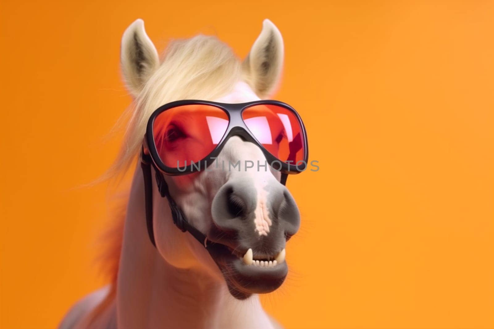 animal goggles funny portrait pastel smile horse fun colourful background sunglasses. Generative AI. by SHOTPRIME