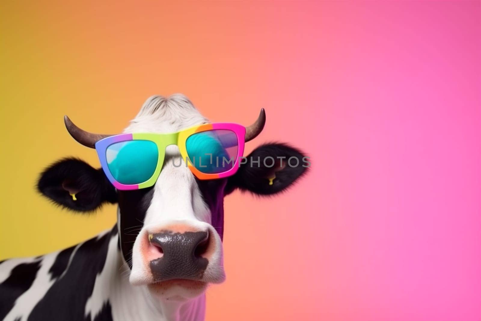 face sunglasses mammal portrait happy white cow retro amusing character animal beauty bull funny colourful art head fun design cute. Generative AI.