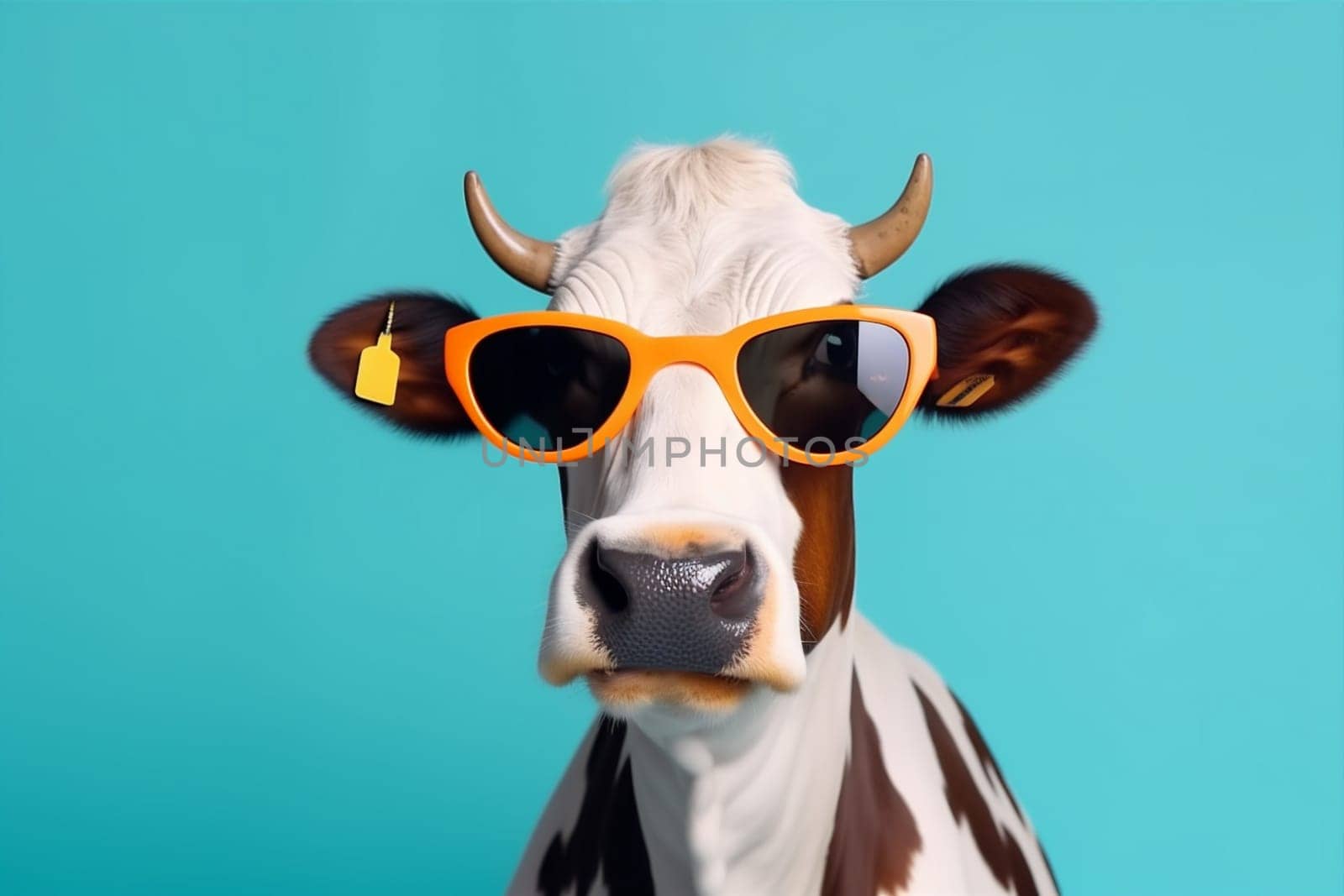 animal copy character eyeglass white head background bull cute isolated beautiful fashion space portrait style cow blue sunglasses blue face funny horn. Generative AI.