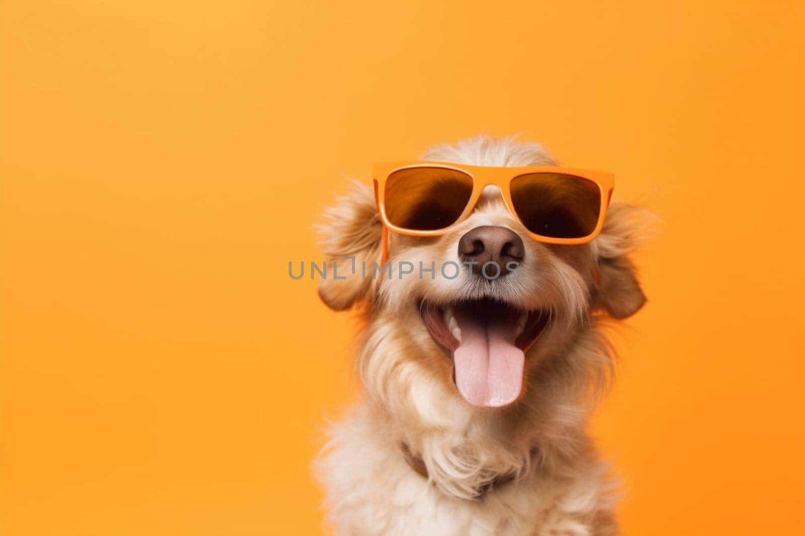 dog yellow portrait blue young adorable funny animal white fun goggles sunglasses smile isolated background pet breed cute pink summer indoor. Generative AI.