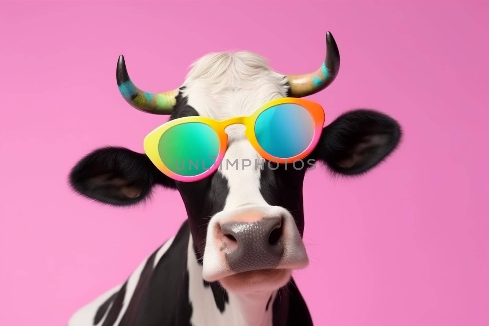 animal cartoon milk head ai amusing character trendy face farm isolated colourful cute looking portrait funny cow sunglasses pink wearing. Generative AI.