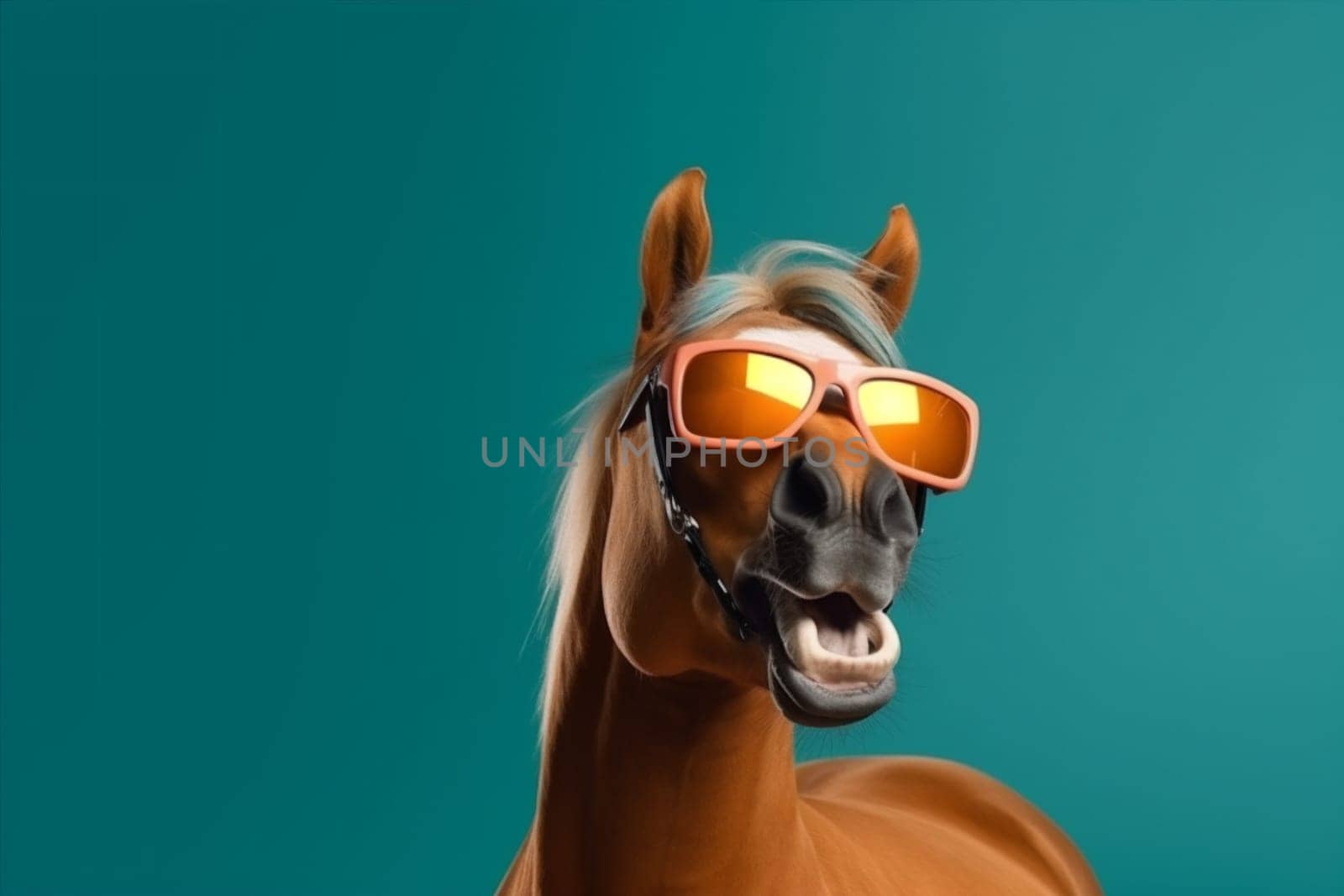 model concept looking background blue advert goggles beauty horse pet colourful fun field animal studio funny colours smile portrait head sunglasses. Generative AI.