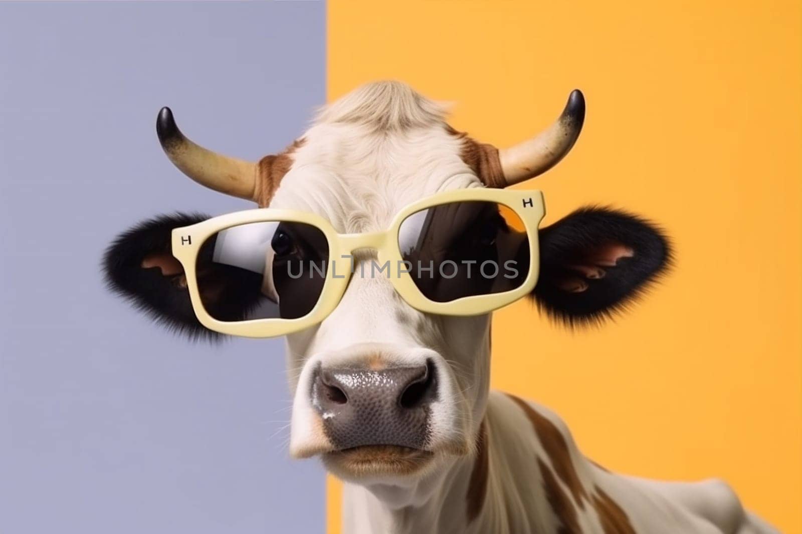 cow fashion cute face colourful sunglasses head funny character eyeglass trendy cartoon expression ai portrait bull isolated design animal looking. Generative AI.